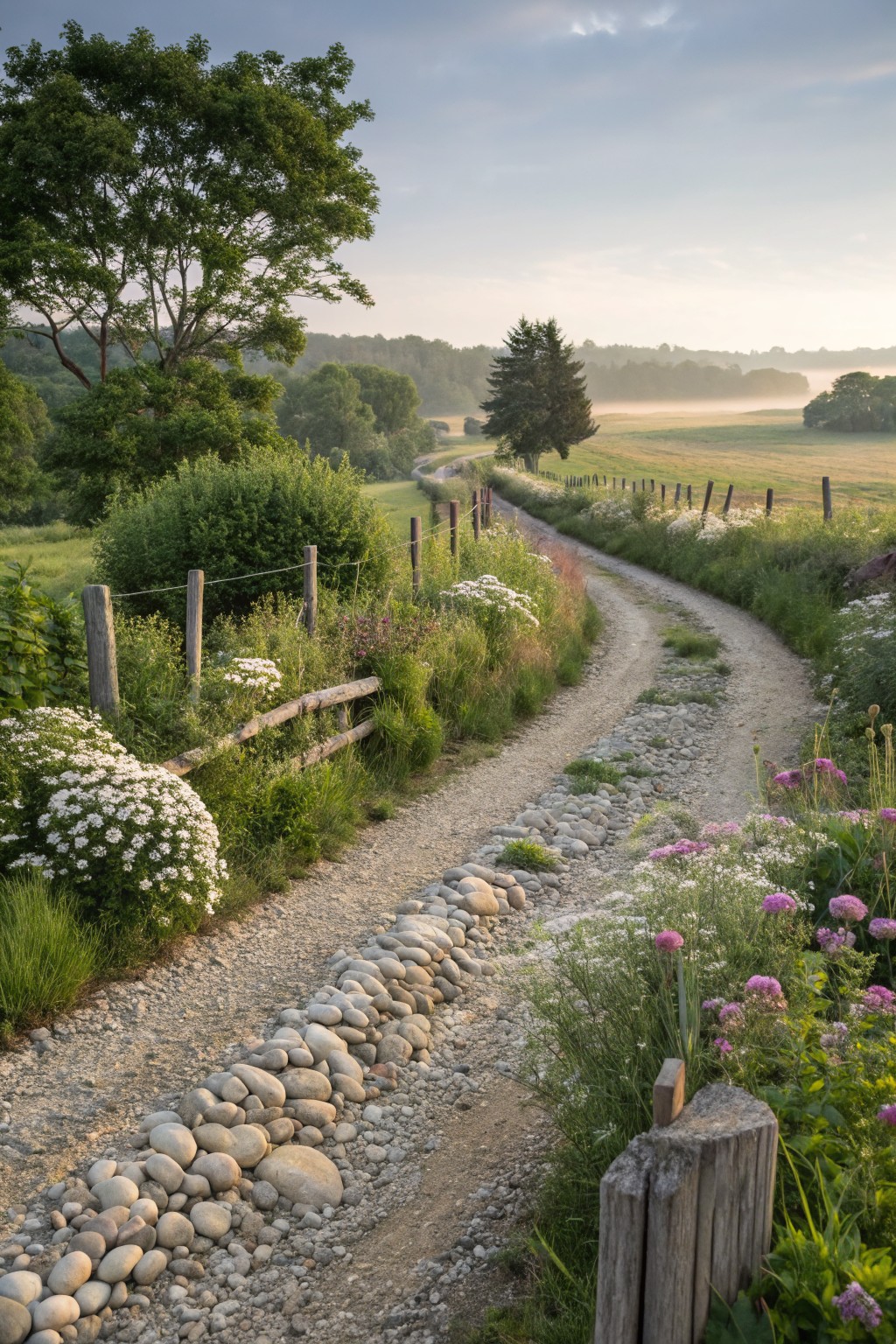 A winding gravel path through a rural landscape, edged with smooth river rocks and bordered by flower beds of white and pink wildflowers, green shrubs, wooden fences, and distant fields under a misty sky.
