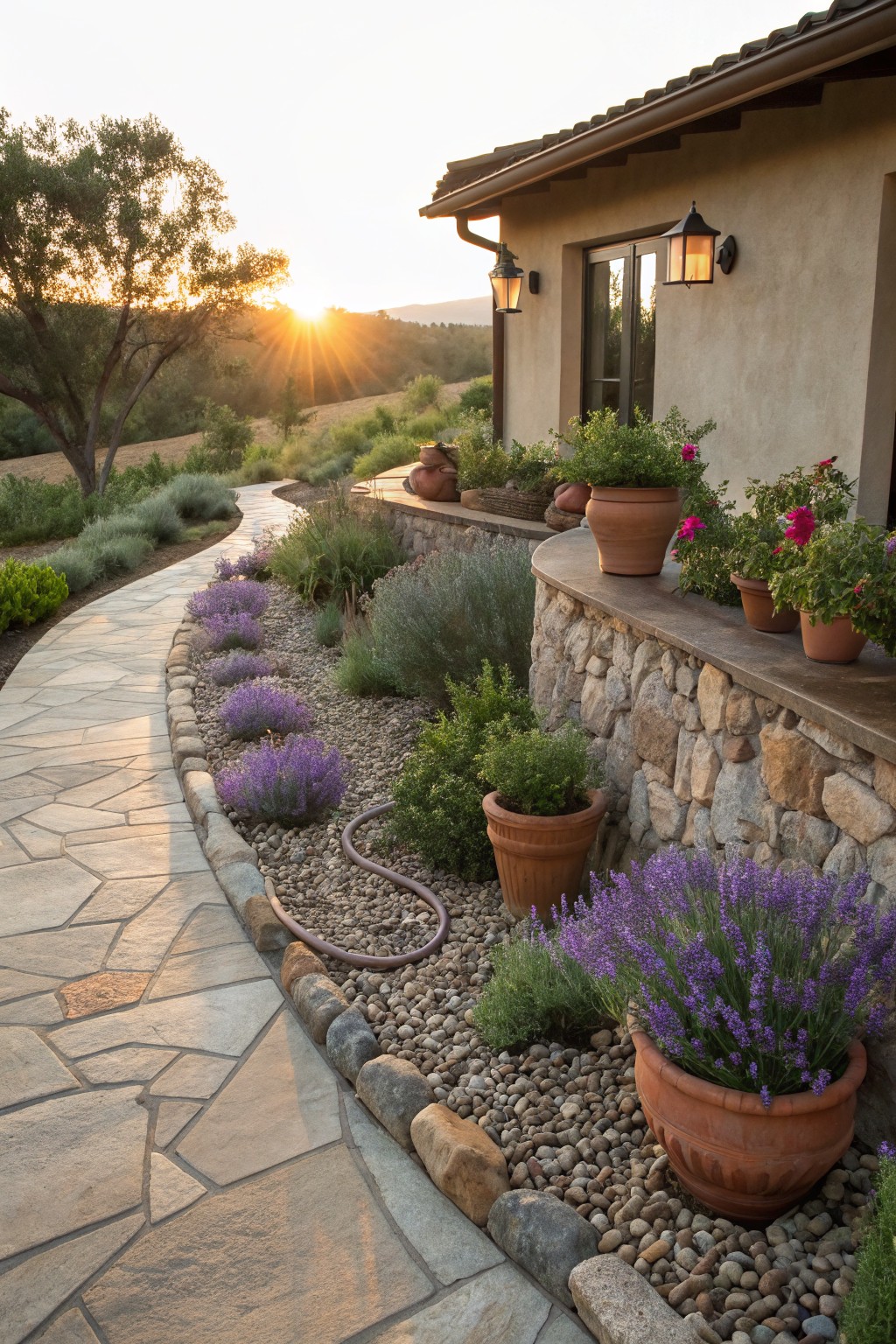 Curved flagstone pathway edged with river rocks and planted with lavender bushes, alongside a stone retaining wall with terracotta pots on a stucco house exterior at sunset.