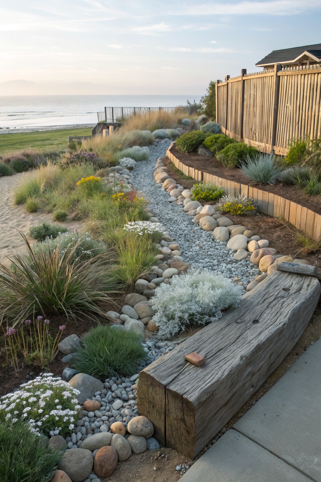 Winding garden path of river rocks and gravel through beds of grasses, shrubs, and flowers, edged with wooden borders and featuring a large wooden bench, set against a beach dune with ocean in the background.