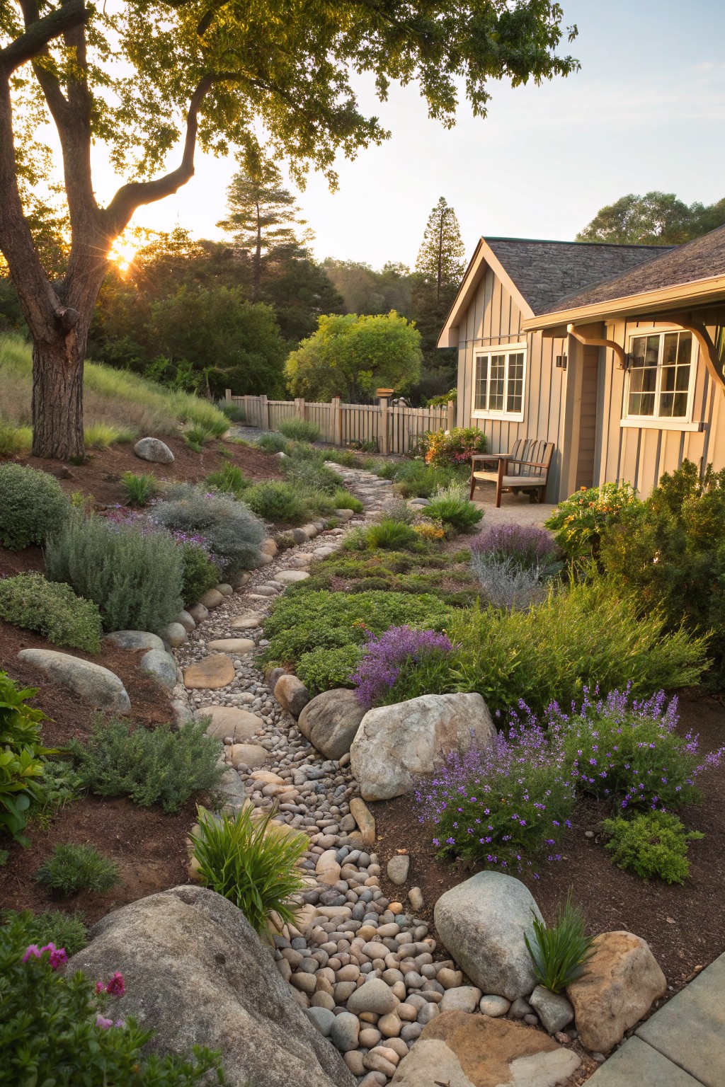 A winding path of river rocks and stepping stones runs through a sloped garden bed planted with shrubs, lavender, grasses, and large boulders, leading to the side of a shingled house with a bench on the porch under trees at sunset.
