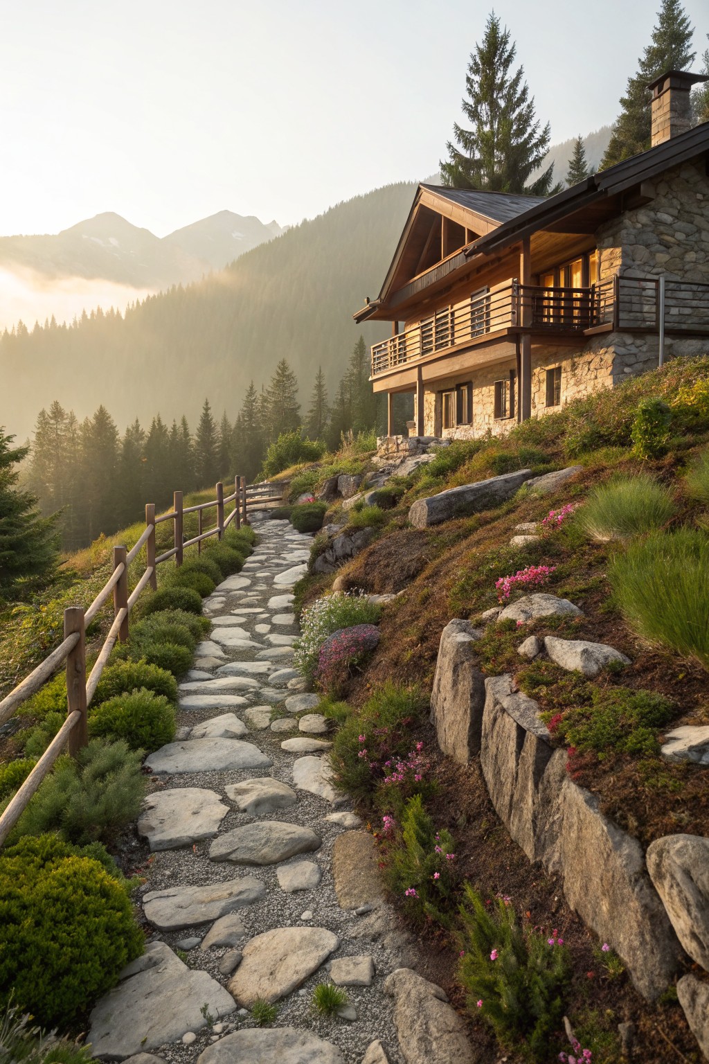 Wooden chalet house on a forested mountain slope with a winding path of large irregular flat stones, bordered by flower beds, shrubs, wooden railing, and stone retaining walls.