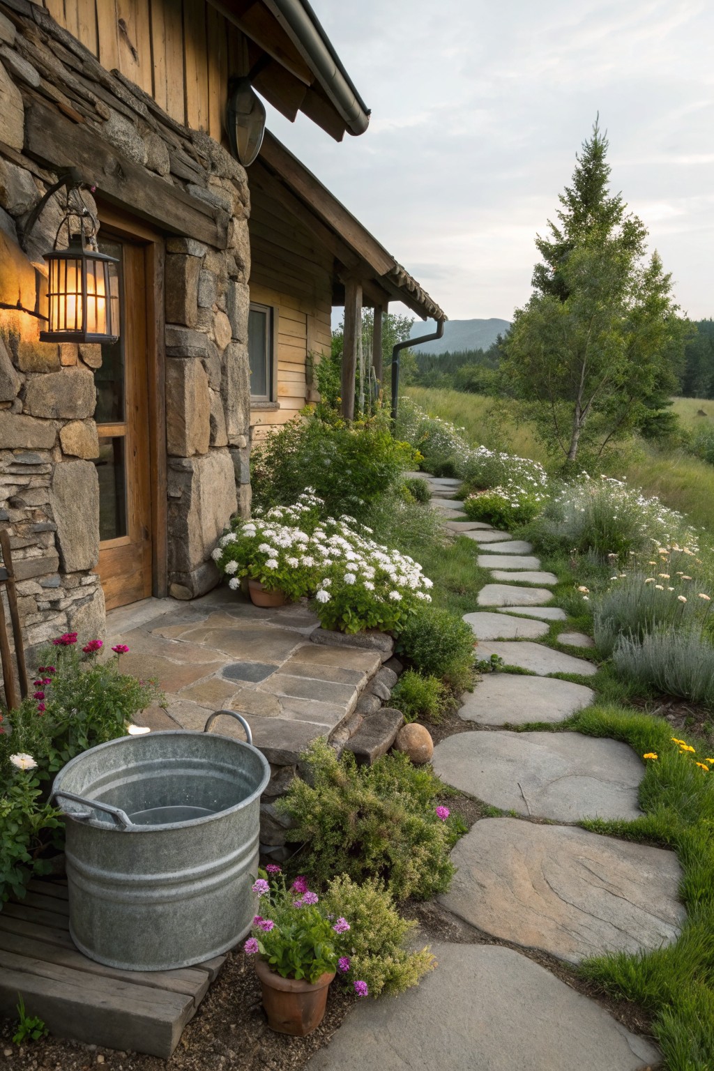 Rustic stone and wood house exterior with an open wooden door, lantern light, galvanized bucket planter, flower beds, and irregular stepping stone path leading through the garden toward distant mountains.