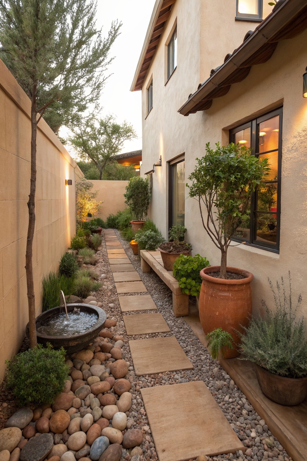 Narrow outdoor pathway with square beige stepping stones set amid river rocks and pebbles, potted plants along stucco walls, a bench, fountain, and trees.