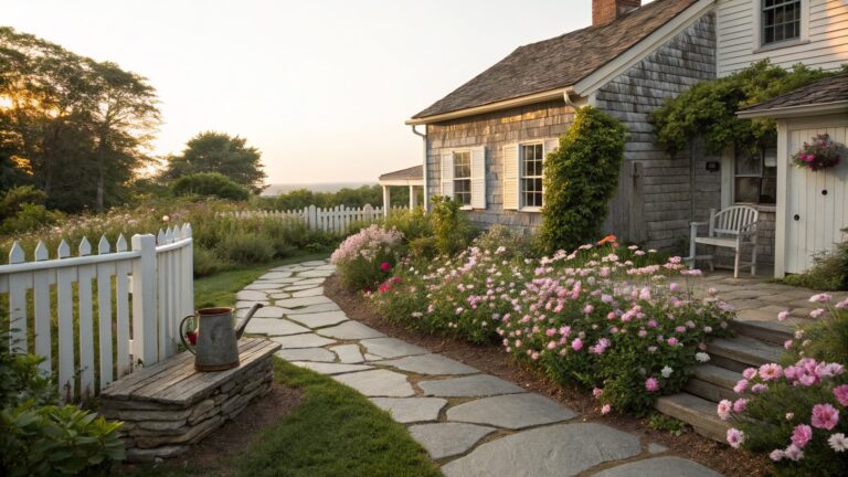Winding flagstone path bordered by clusters of light pink flowers and a white picket fence beside a shingled cottage house with garden plants and trees in soft evening light.