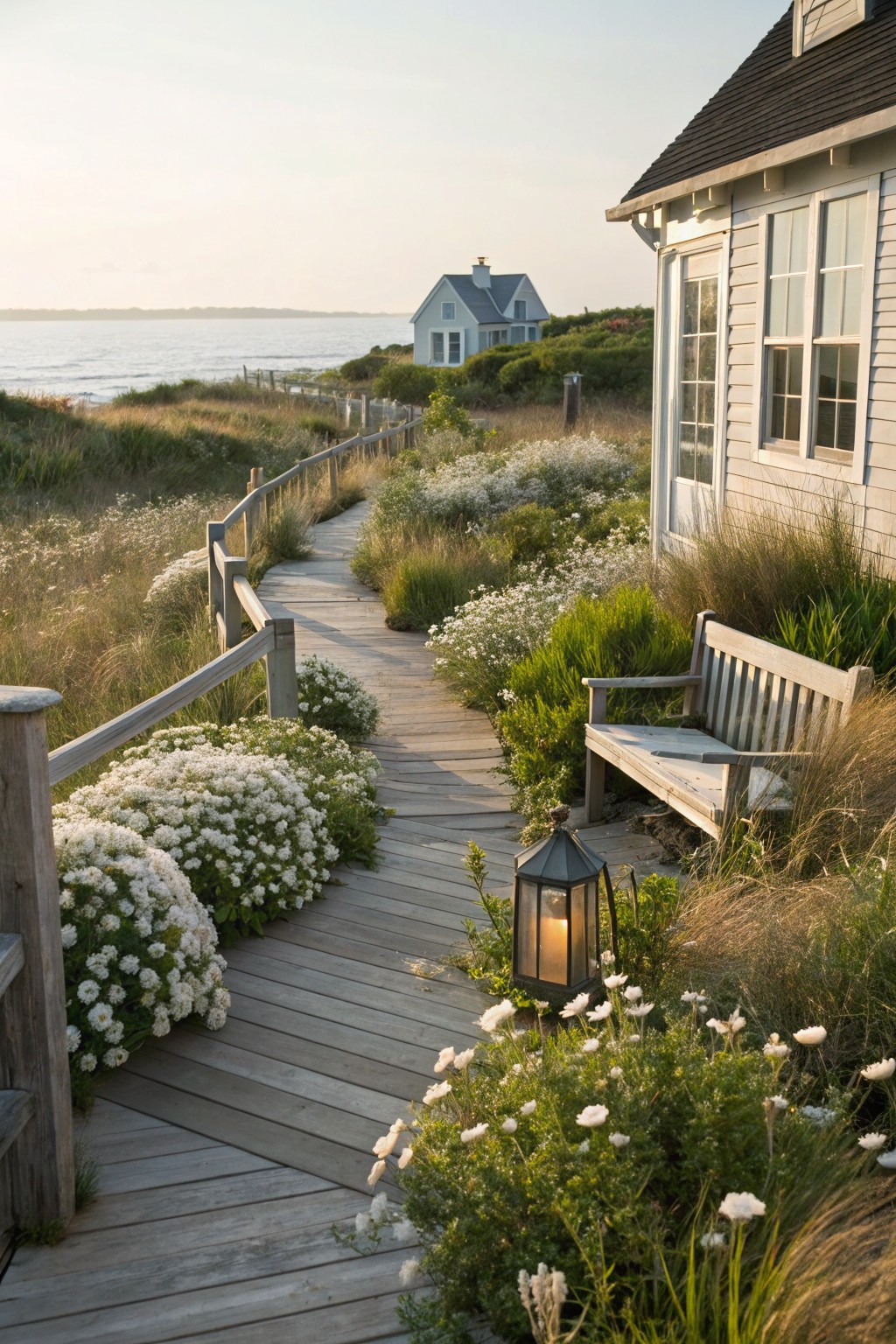 Wooden boardwalk path winding through dune grasses and white flowering shrubs beside a white shingled house near the ocean at sunset, with a bench and lantern nearby.