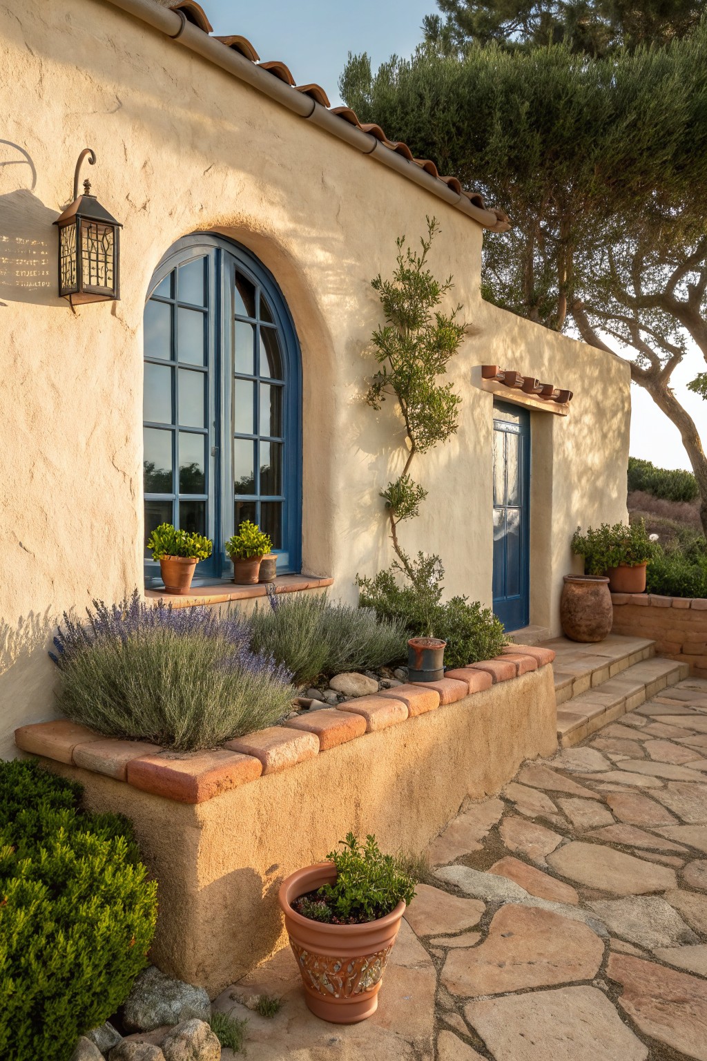 Adobe house exterior with curved blue window and door, low raised brick flower beds planted with lavender, rosemary, and shrubs along the base, terracotta pots and stone path nearby.