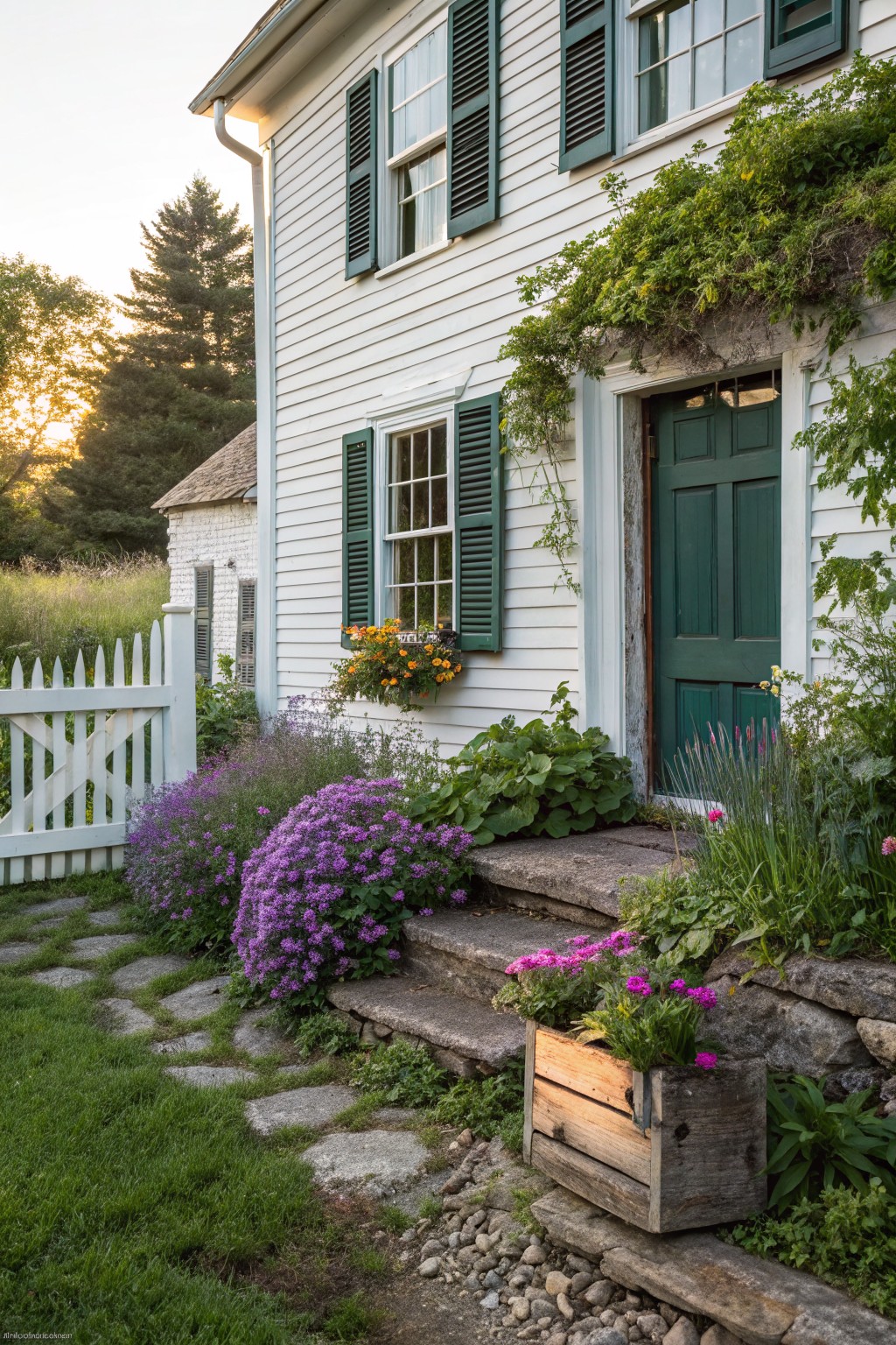 White clapboard house with green shutters and door, flower beds under windows with purple flowers and orange marigolds in a window box, stone steps with pink flowers in a wooden crate planter, picket fence, and lush greenery.