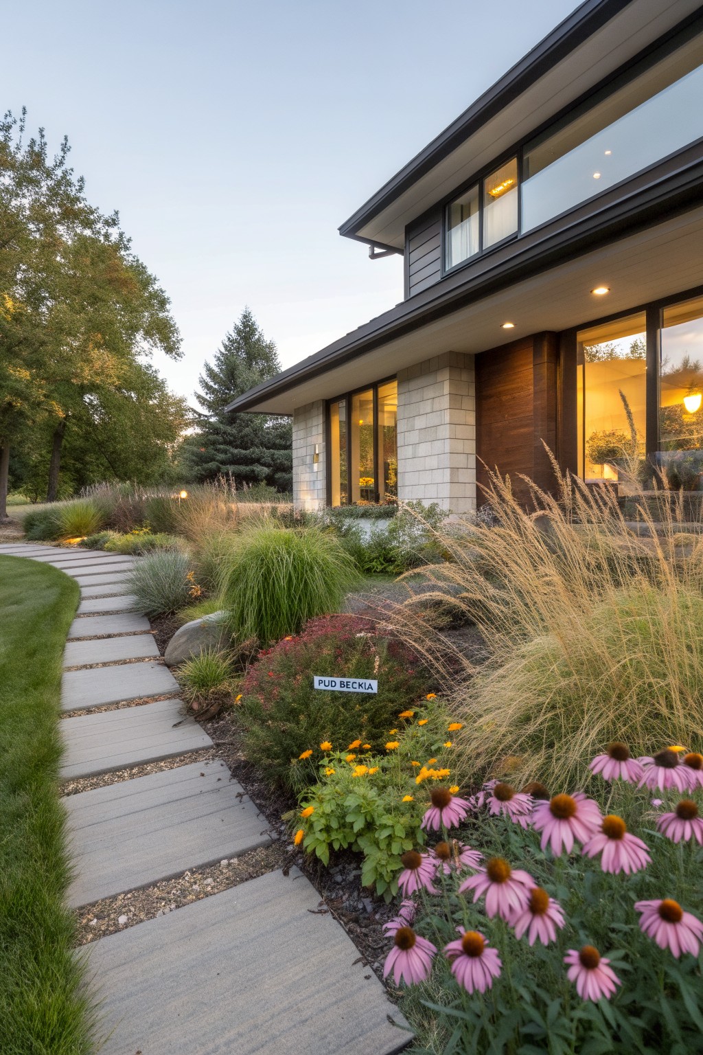 Modern house with stone and wood exterior and large windows beside a curved gray concrete paver pathway winding through landscaped beds containing ornamental grasses, Rudbeckia labeled on a sign, coneflowers, marigolds, and other perennials next to a lawn and trees.