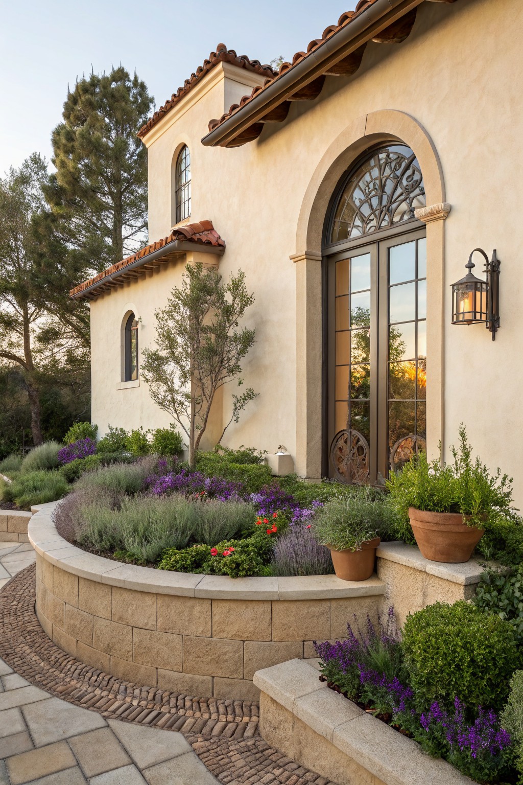 Beige stucco house exterior with red tile roof, arched window, glass entry door flanked by wagon wheels, curved raised stone bed planted with lavender, purple flowers, and shrubs, brick pathway leading up.