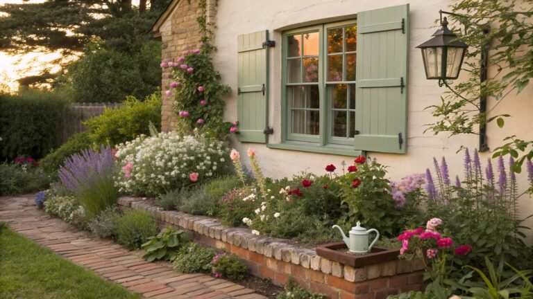 House exterior with white stucco walls, green shutters on windows with pink flower boxes, and layered purple and pink flowering plants in raised stone beds along a brick pathway.