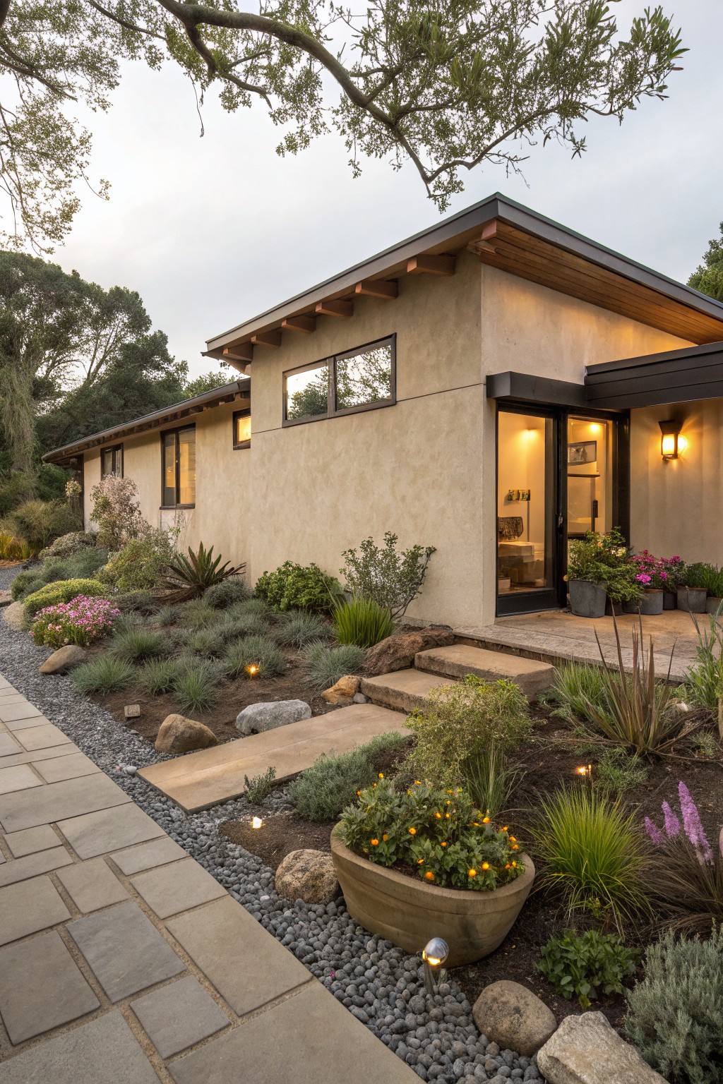 Beige stucco house exterior with wooden roof accents, large glass entry doors, flanked by landscaped beds of succulents, grasses, pink flowers, gravel mulch, boulders, and a paver stone path edged with plants under overcast sky.