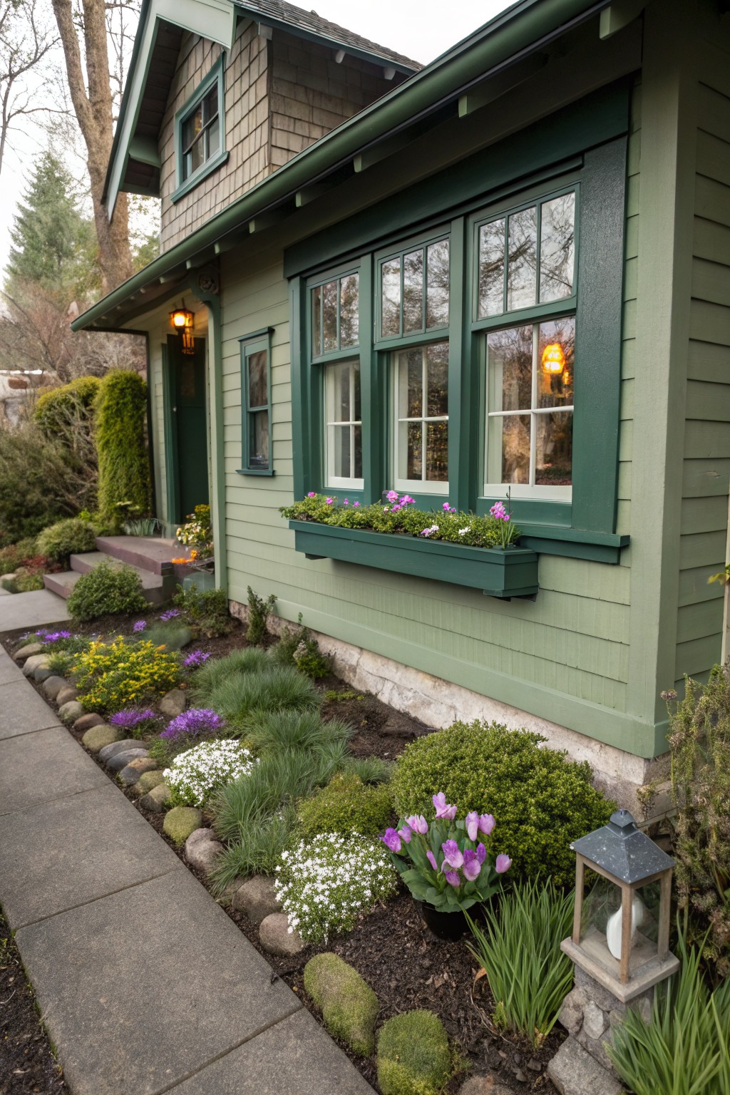 Green shingled house exterior with a green window box of pink flowers under a multi-pane window, above a curved flower bed of purple, yellow, white, and pink blooms edged by mossy rocks along a concrete sidewalk.