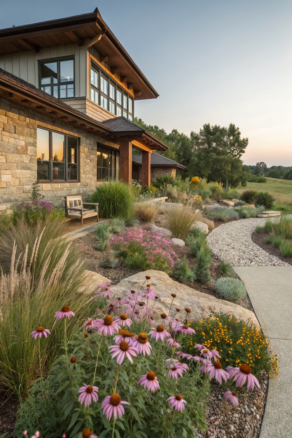 Layered Grasses and Flowers in Front Beds