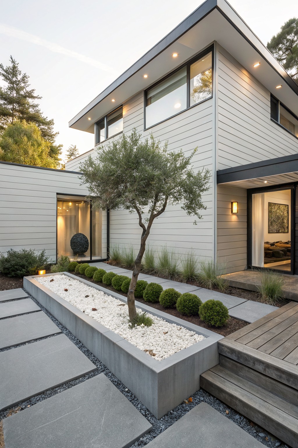 Modern house exterior featuring a gray stone pathway with adjacent concrete-edged white pebble rectangular planter bed containing an olive tree, tall grasses, and boxwood spheres, leading to a wooden deck entry.