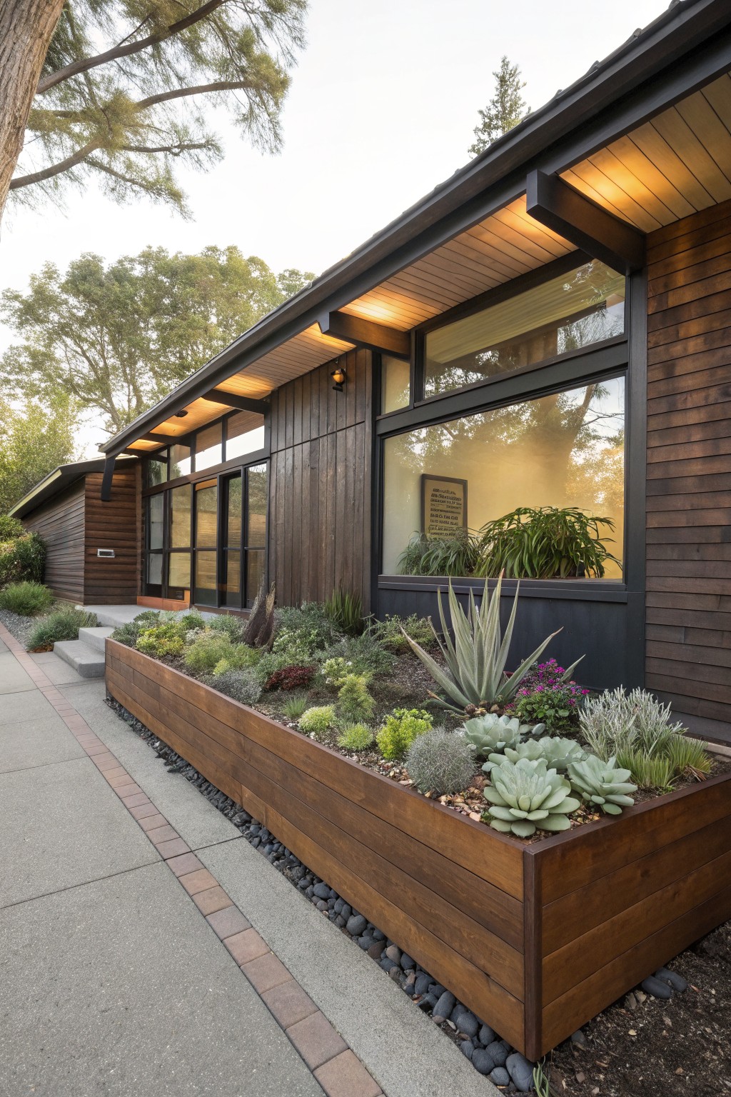 Exterior view of a modern wood-clad house with large windows, entry doors, and a rectangular wooden raised planter box filled with succulents, agaves, and gravel along a concrete walkway with brick edging.