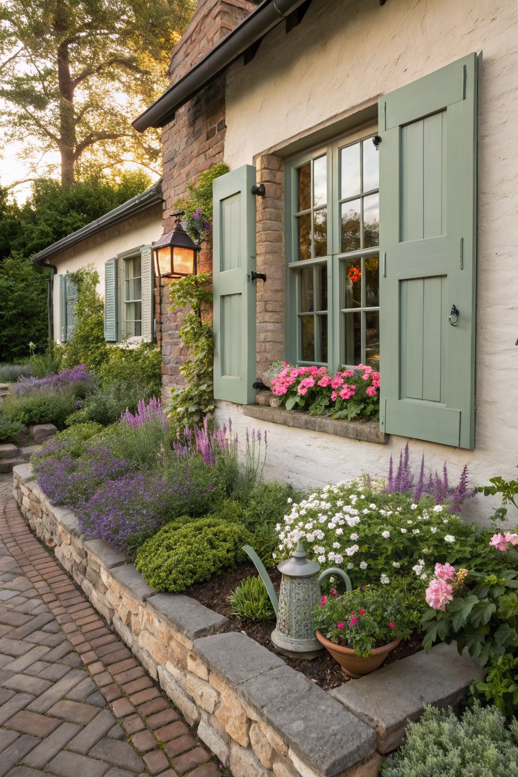 House exterior with white stucco walls, green shutters on windows with pink flower boxes, and layered purple and pink flowering plants in raised stone beds along a brick pathway.