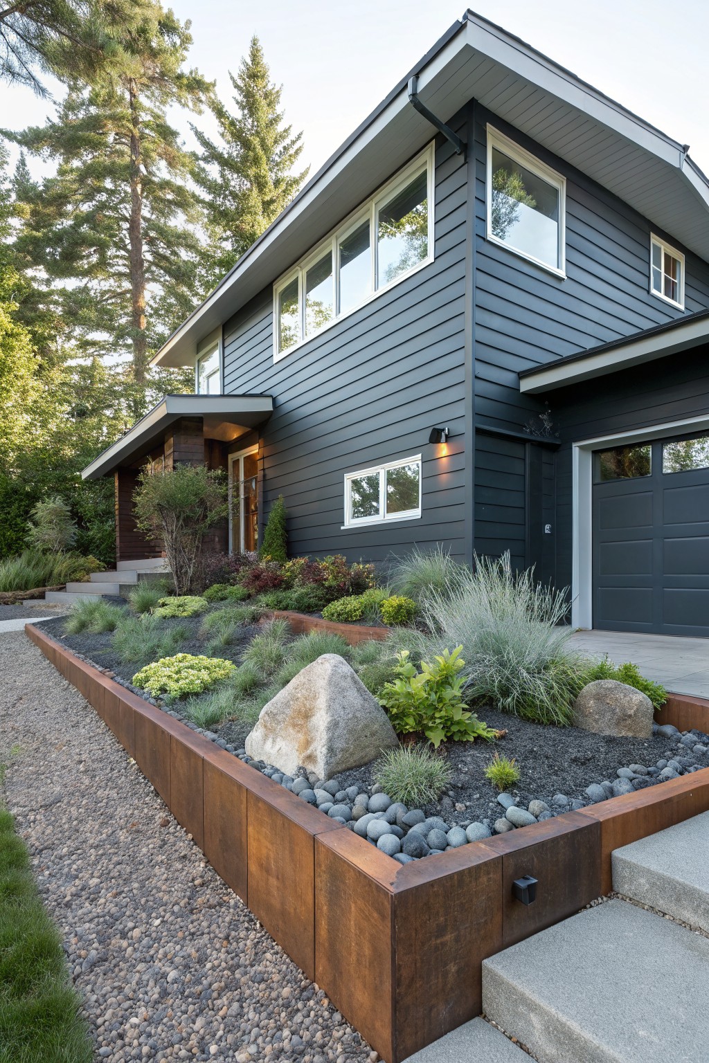 Dark gray sided modern house exterior with corten steel raised bed containing grasses, succulents, boulders, and black gravel mulch along a gravel path near garage and entry steps.