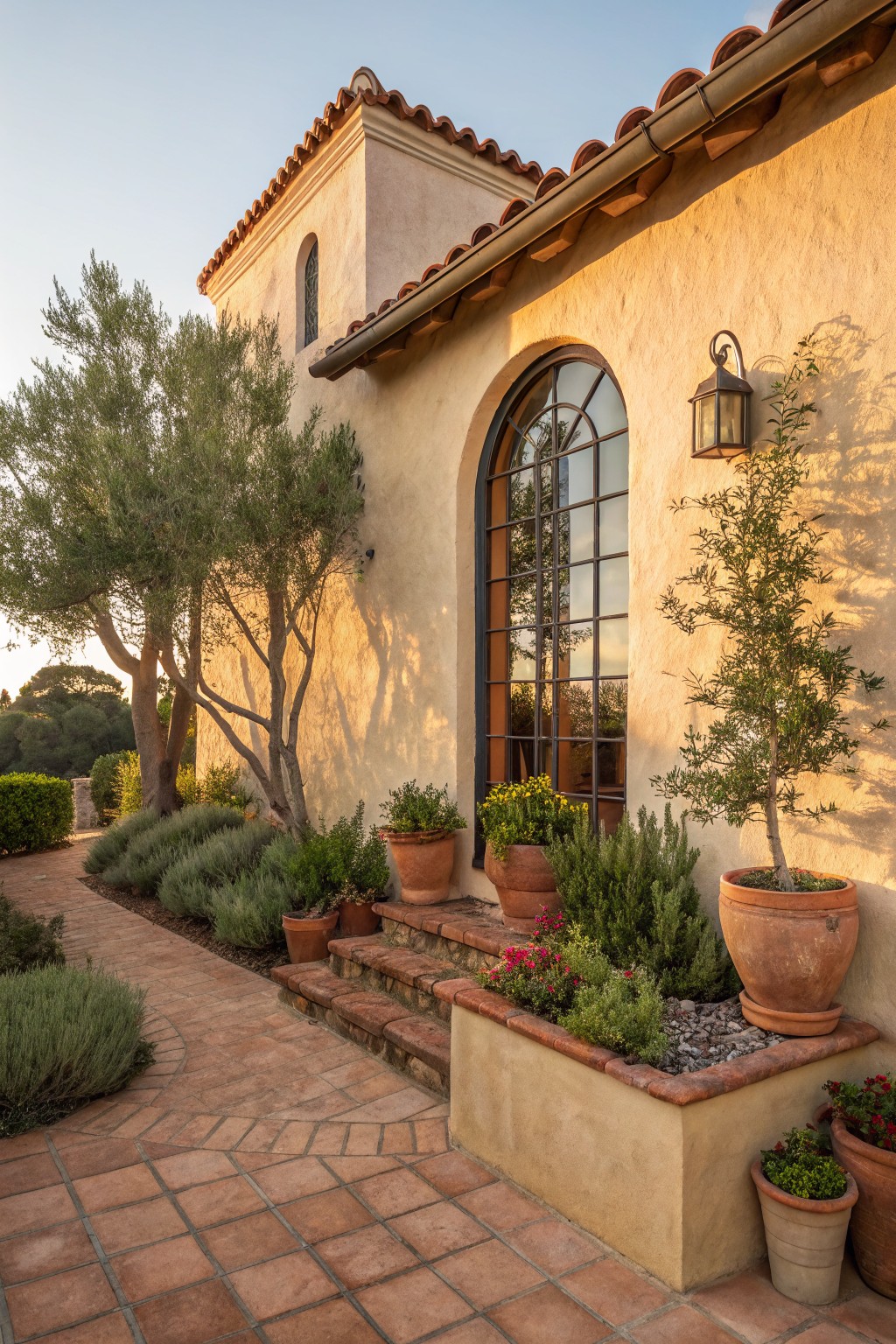 Beige stucco house exterior with red tile roof, arched black metal window, large terracotta pots holding olive trees and plants, raised stucco planter bed with pink flowers and gravel, lavender shrubs, and curved terracotta brick path with steps.