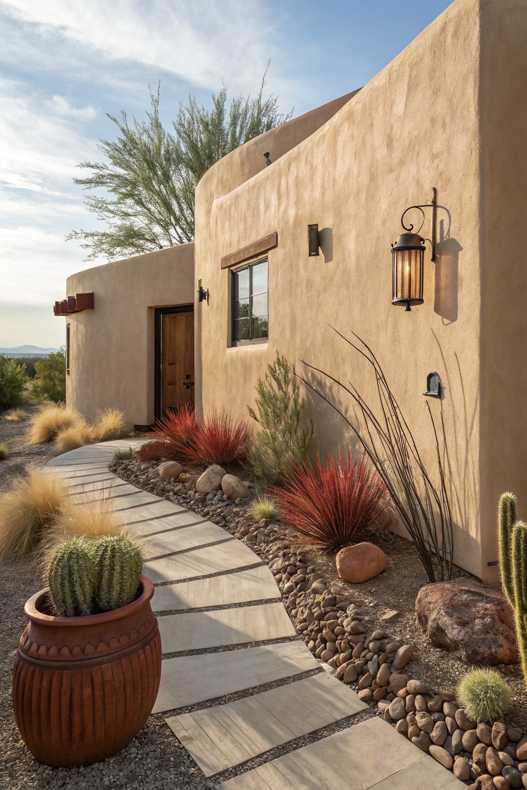 Curved concrete paver pathway winding through gravel garden beds planted with cacti, succulents, ornamental grasses, and rocks beside a beige adobe house exterior leading to a wooden entry door.