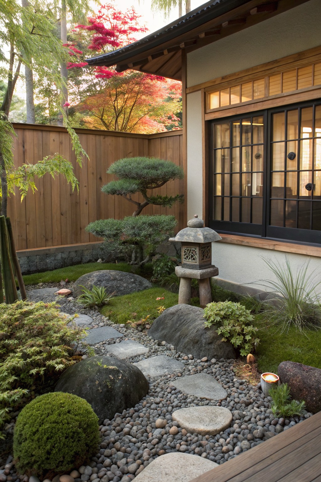 Japanese-style garden path of flat stepping stones set in gravel with large boulders, evergreen shrubs, bonsai trees, and a stone lantern beside a wooden house exterior featuring sliding windows and red maple trees.