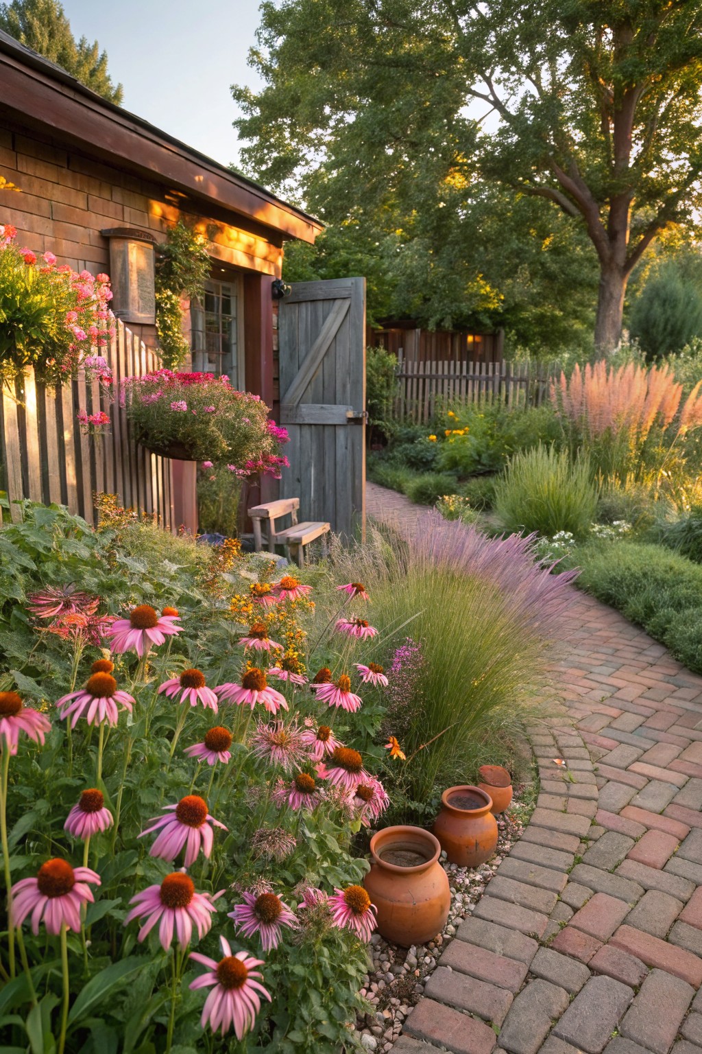 Curved red brick path edged by garden beds filled with pink coneflowers, coneflower plants, ornamental grasses, and perennials leading to a shingled shed with open gray barn door, fenced yard, hanging pots, and trees in background.