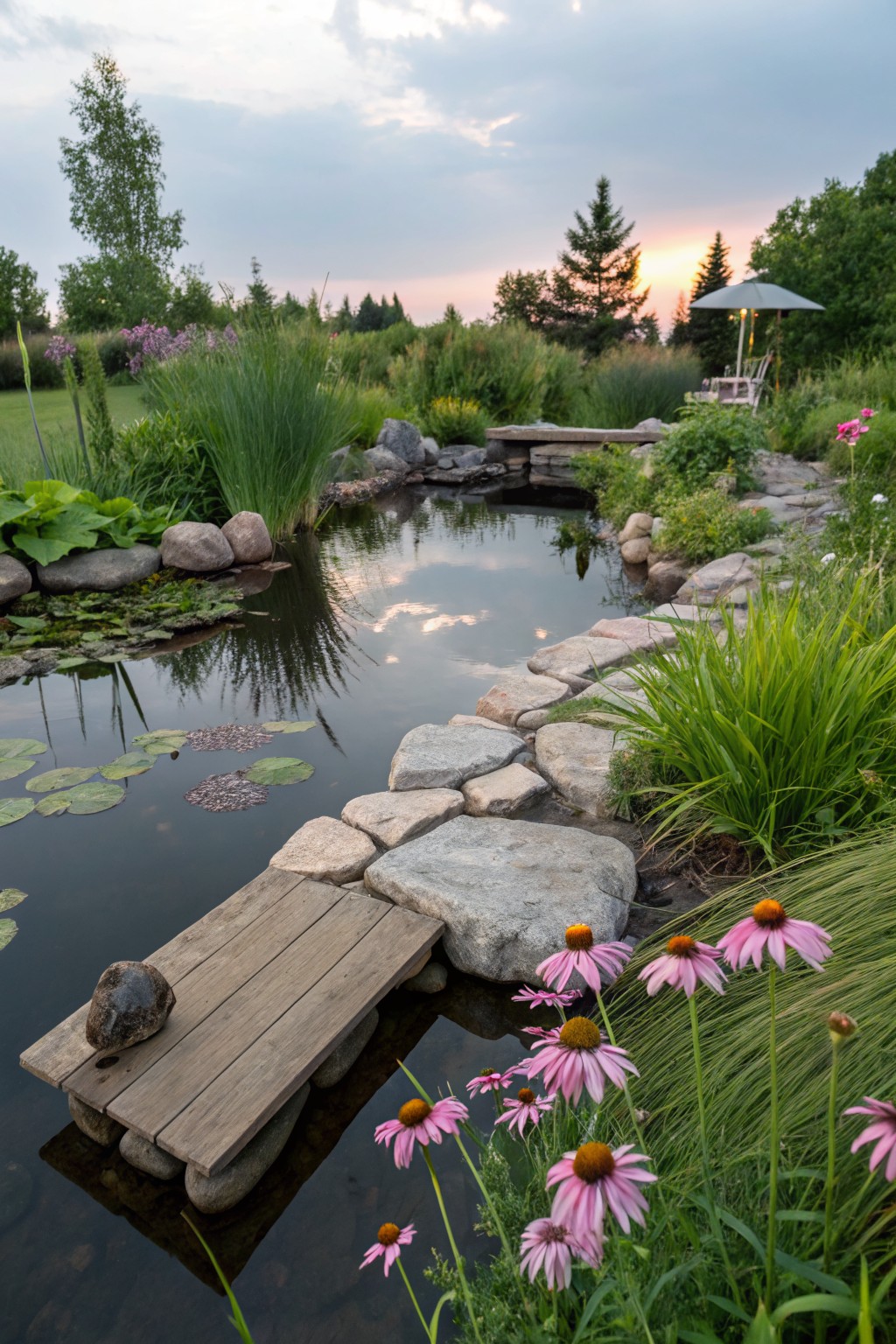 A naturalistic garden pond with water lilies, surrounded by rocks, stepping stones, a wooden dock, tall grasses, and clusters of pink coneflowers.