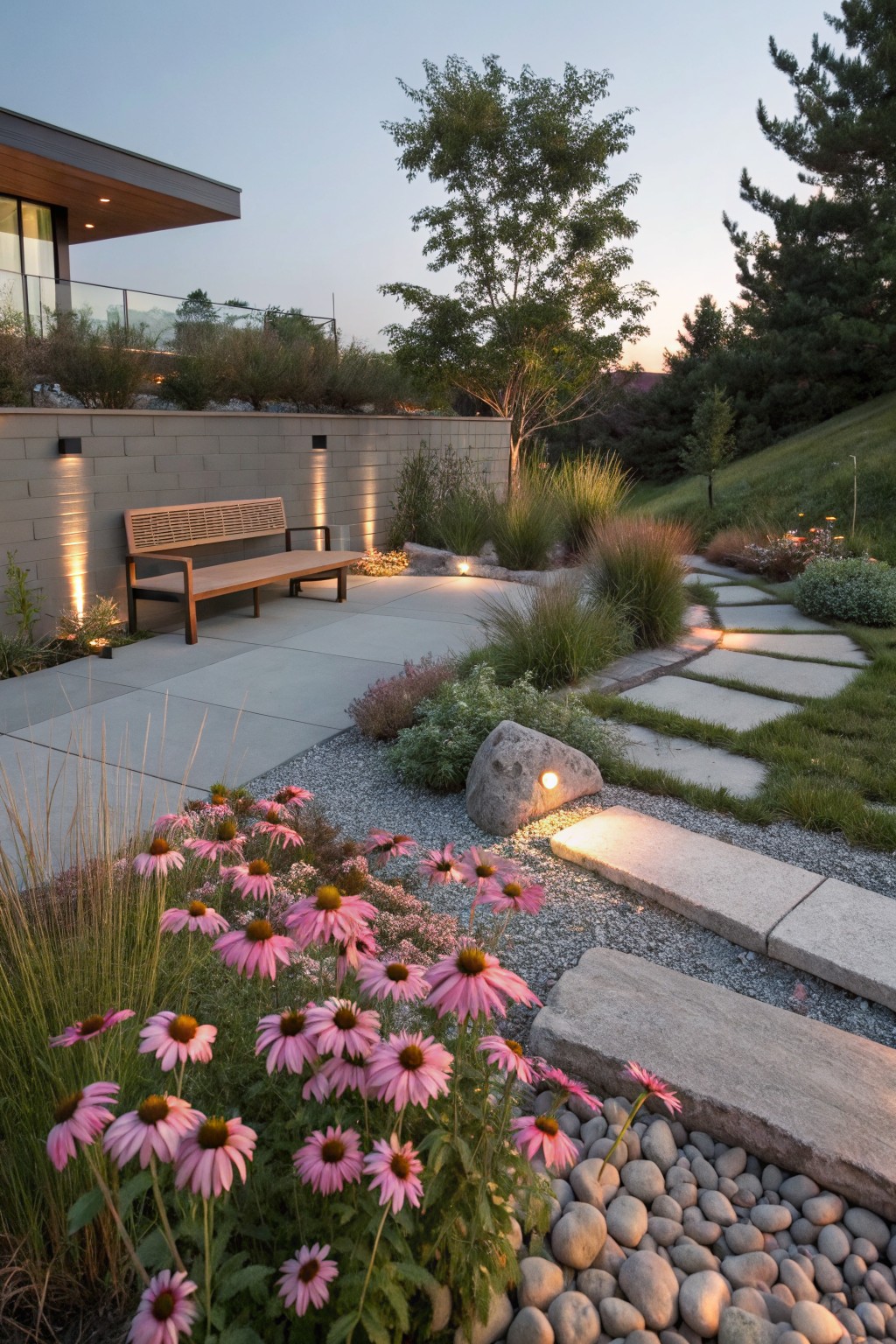 Outdoor garden path of concrete pavers and stone steps winding through gravel beds planted with clusters of pink coneflowers and ornamental grasses, beside a wooden bench against a block wall near a modern house at dusk.