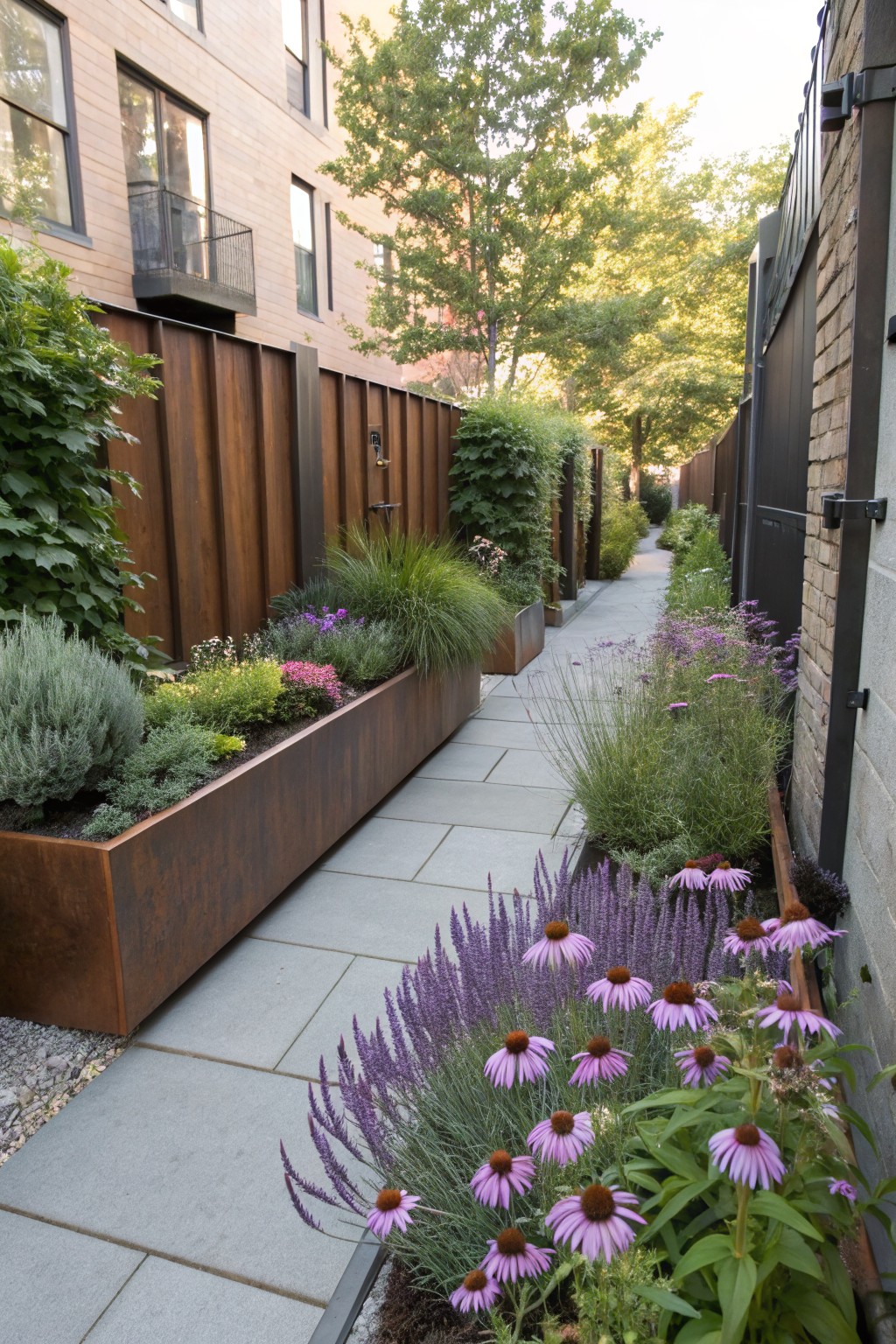 Narrow gray stone pathway between wooden fences and brick walls, lined with corten steel planters filled with lavender, coneflowers, grasses, and shrubs, apartment buildings visible in background.