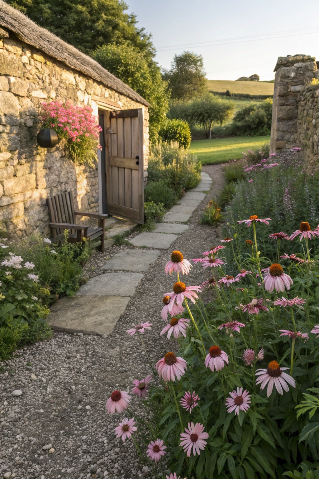 Rustic stone cottage with open wooden door, Adirondack chair nearby, hanging basket of pink flowers, and flagstone path bordered by dense clusters of pink coneflowers amid assorted green plants and gravel.