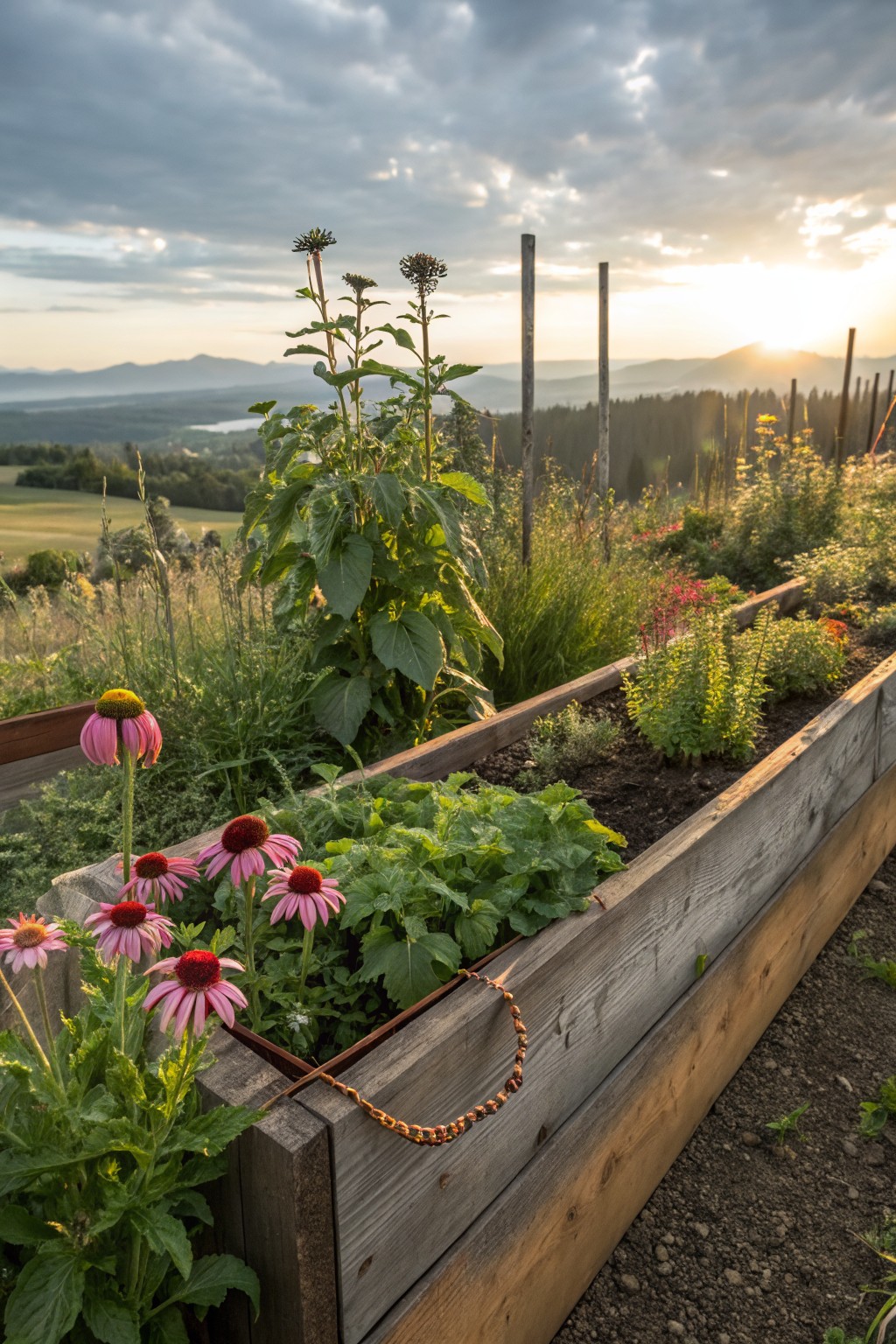 Raised wooden garden beds containing pink coneflowers, herbs, and leafy greens on a hillside overlooking distant mountains and forests at sunset.