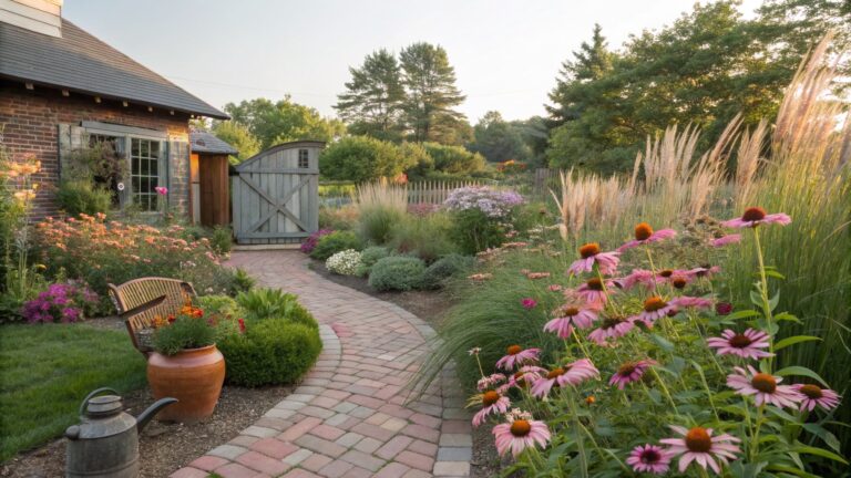 Curved red brick path edged by garden beds filled with pink coneflowers, coneflower plants, ornamental grasses, and perennials leading to a shingled shed with open gray barn door, fenced yard, hanging pots, and trees in background.