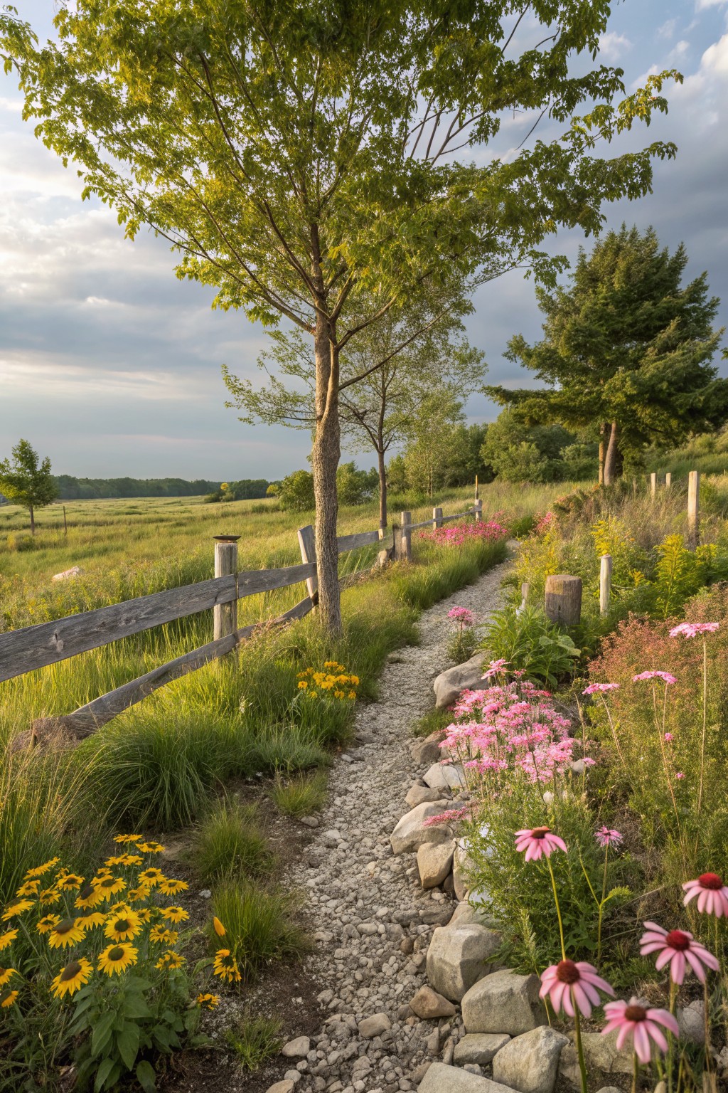 Gravel pathway bordered by pink coneflowers, yellow black-eyed Susans, and green grasses along a wooden split-rail fence in a meadow with trees and fields in the background.