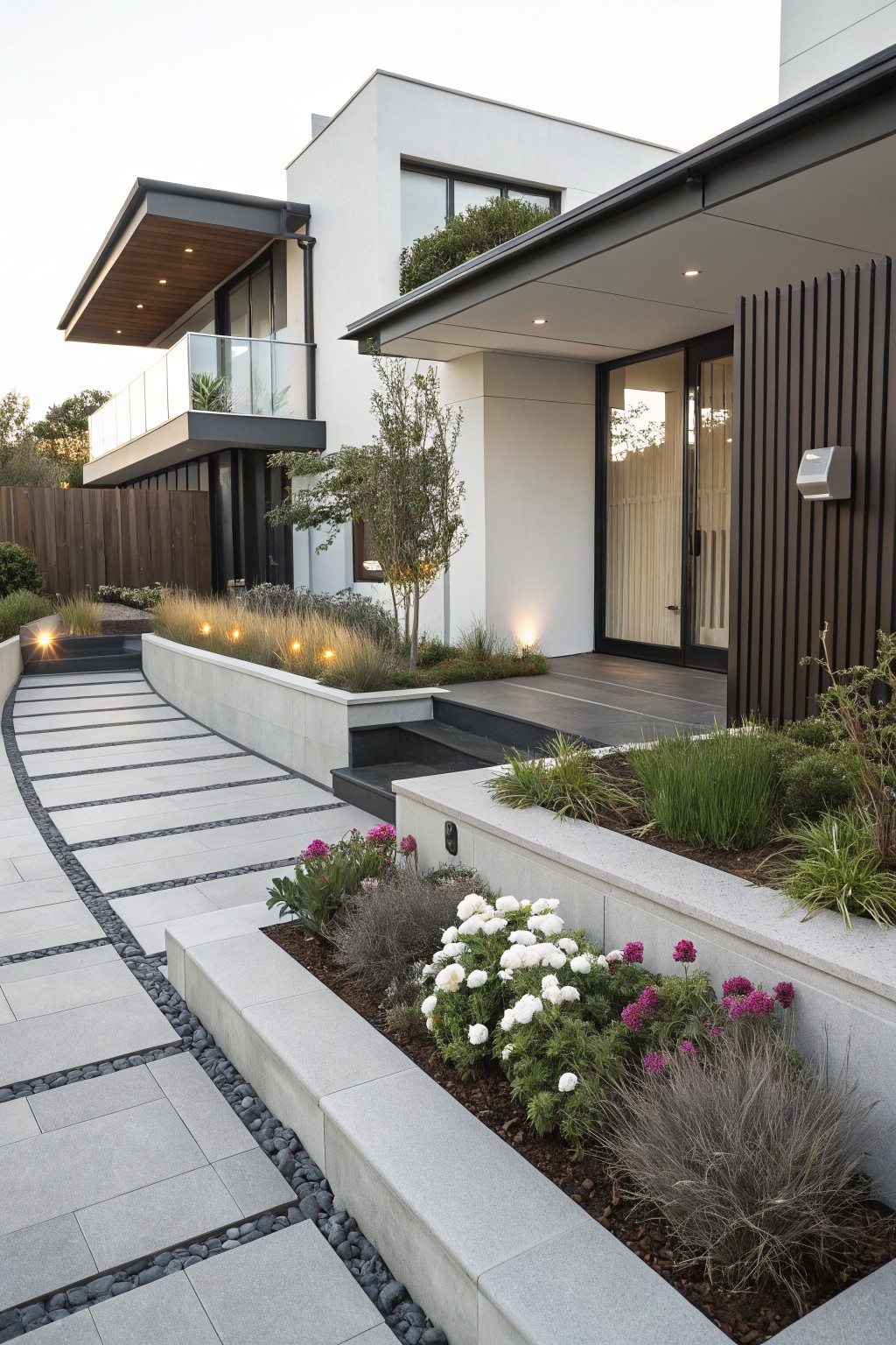 Curved gray stone pathway with black pebble borders leading to a modern white house entry, flanked by tall white concrete raised planters filled with ornamental grasses, white flowering plants, pink flowers, and small landscape lights.