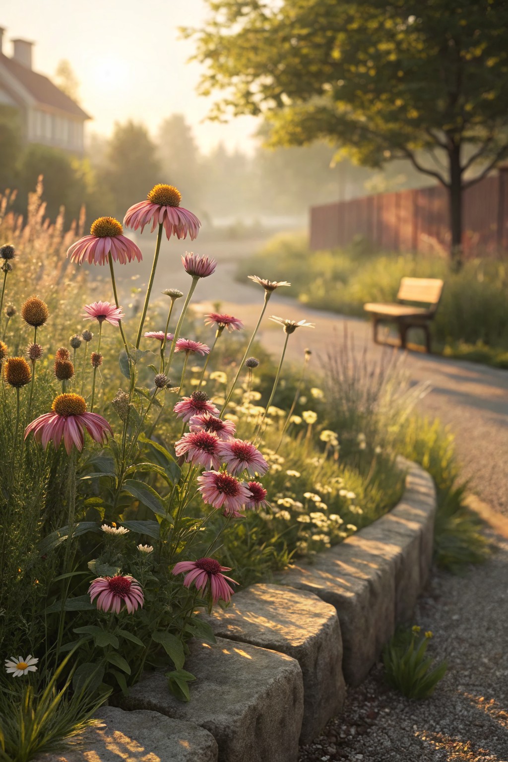 Close-up of a curved garden bed overflowing with pink and orange coneflowers, daisies, and grasses, bordered by irregular gray stone blocks along a gravel path with a wooden bench visible in the distance.