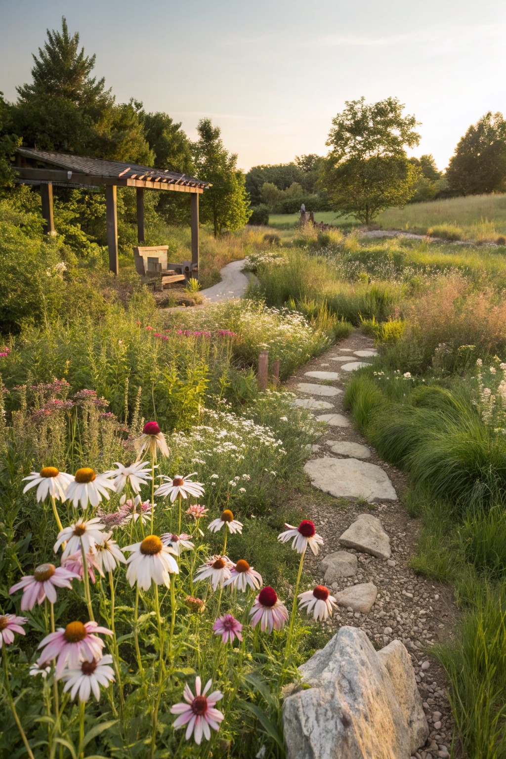 Winding path of irregular flat stones through a garden bed of pink and white coneflowers and tall grasses, with a wooden pergola and bench nearby amid trees and wildflowers at sunset.