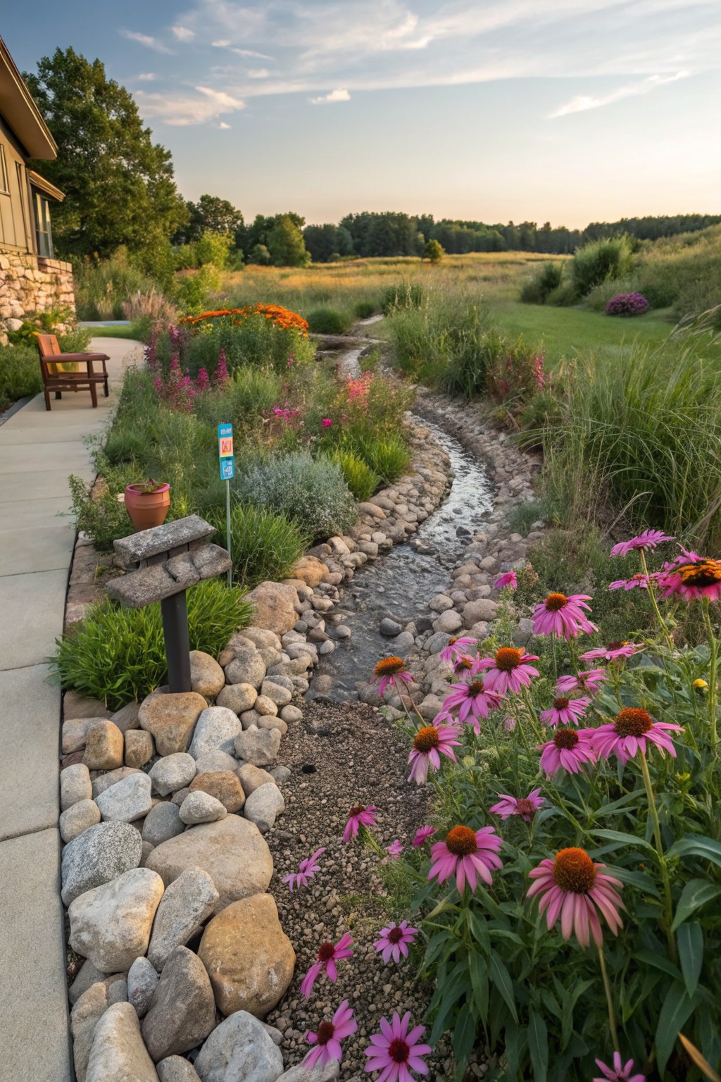 Winding rock-lined stream bed bordered by purple coneflowers and grasses next to a stone house wall and path, with trees and fields in the background.