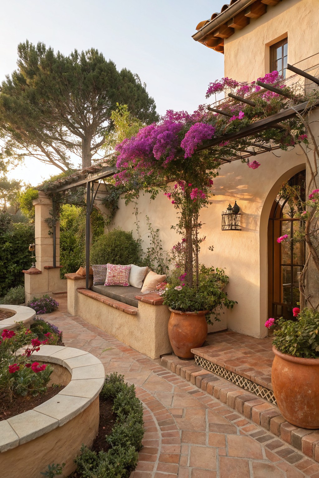 Backyard outdoor seating area featuring a built-in cushioned bench under a metal pergola covered in purple bougainvillea against a beige stucco wall with an arched door, surrounded by curved stone flower beds, terracotta pots, and a brick path.