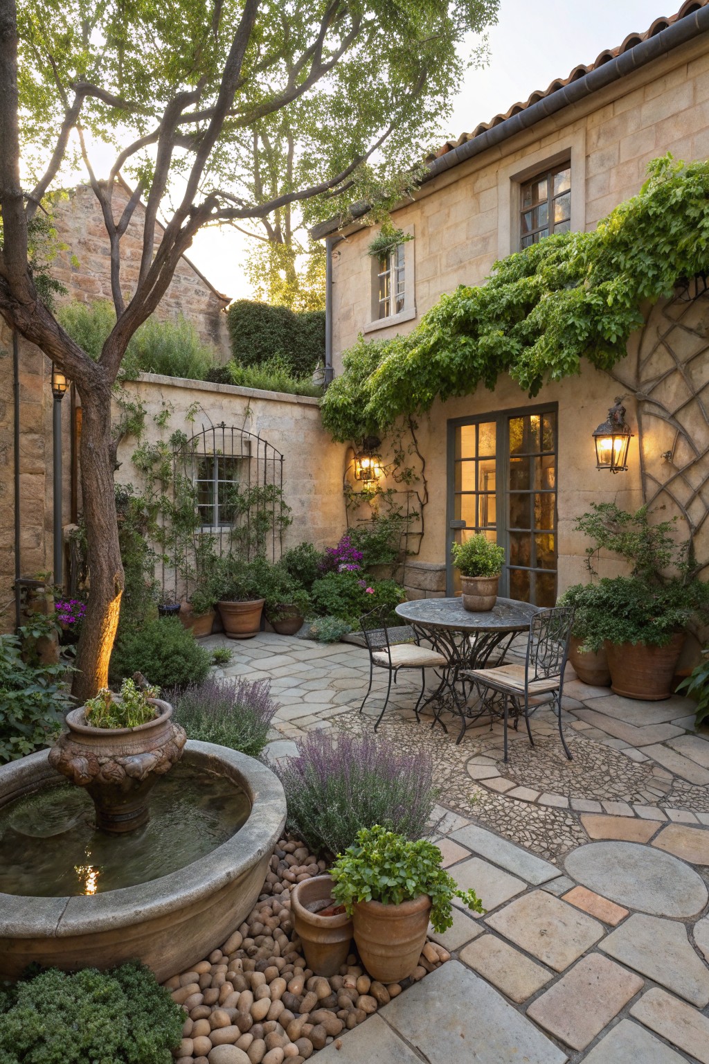 Enclosed stone courtyard with central circular stone fountain, small metal bistro table and two chairs, potted plants and lavender, vines on beige walls, lanterns, and pebbled paths.