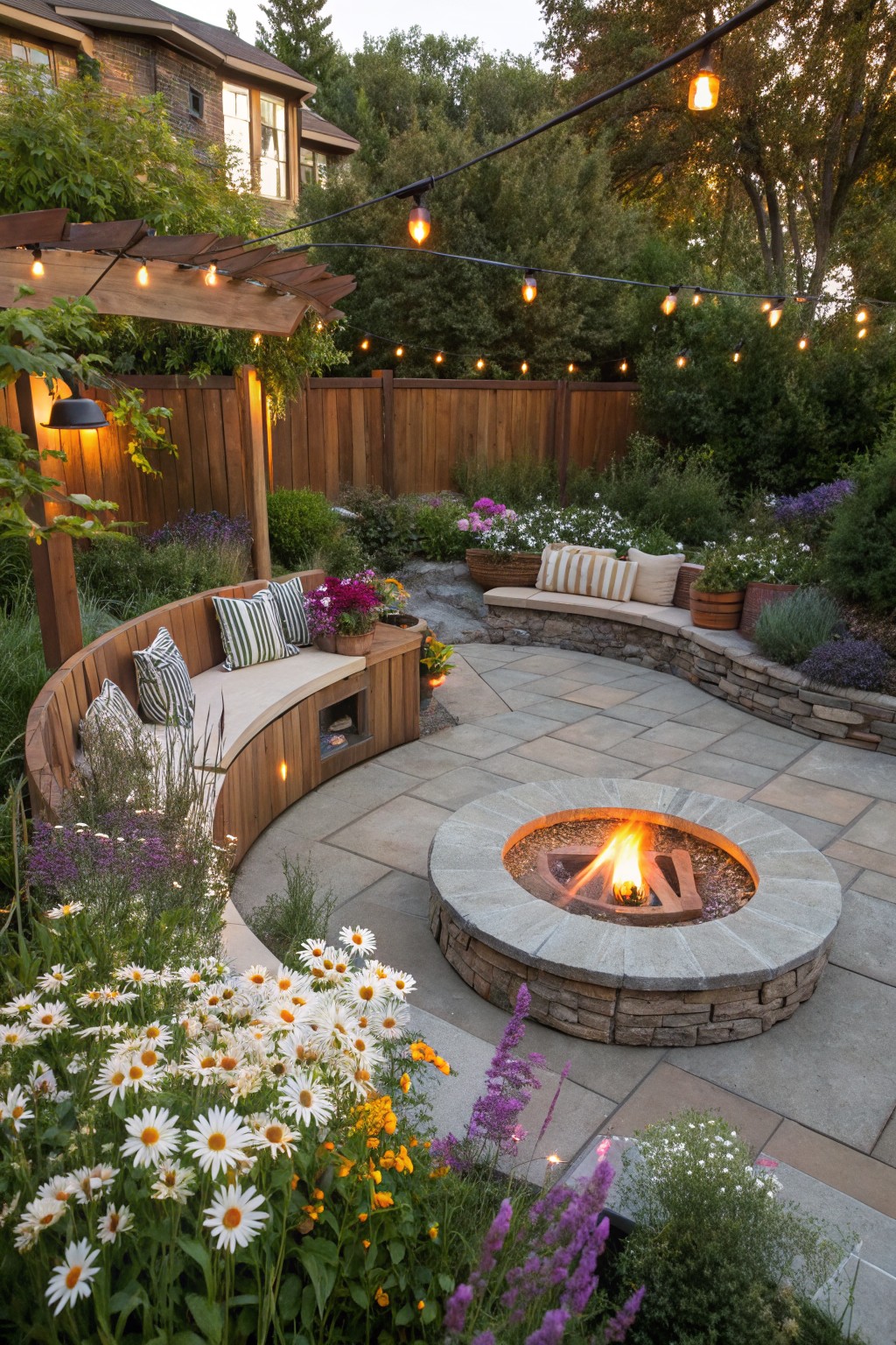 Backyard patio with a circular stone gas fire pit surrounded by a curved wooden built-in bench on gray paver flooring, wooden pergola with string lights overhead, and borders of white daisies, purple flowers, and green shrubs.