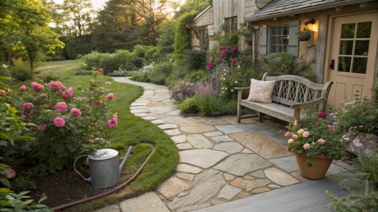 A curved flagstone path winds through lush flower beds with pink roses, white blooms, and green shrubs toward a wooden garden shed with climbing roses, a bench, and potted plants nearby.