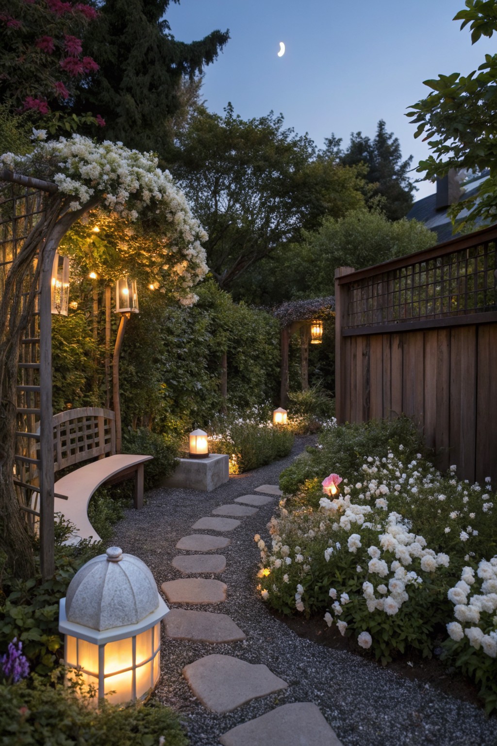 Winding stone path through backyard garden beds of white flowers, illuminated by multiple lanterns at dusk, with a wooden bench under an arbor and trees and fence in the background.