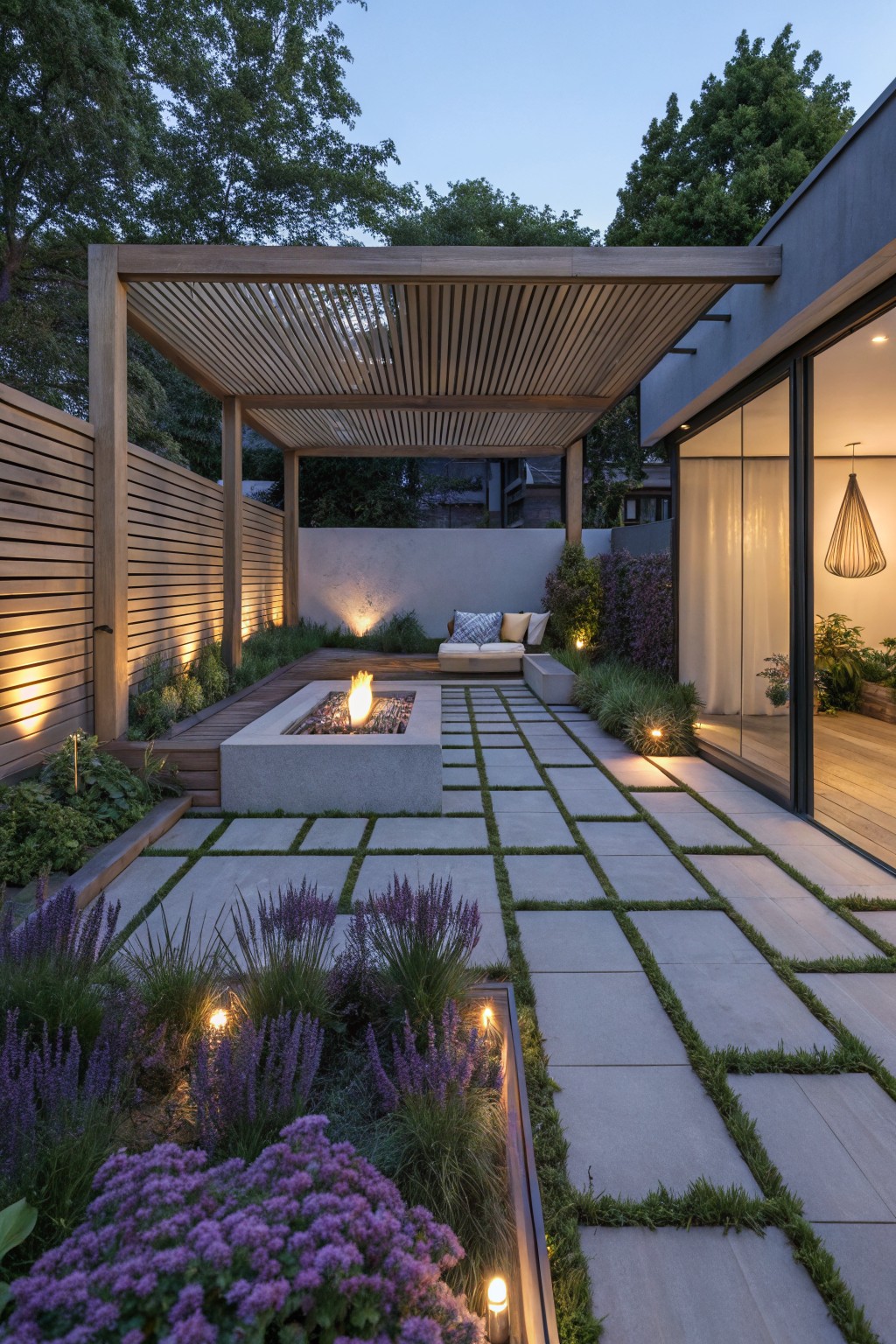 Modern backyard patio with large gray pavers separated by grass joints, central linear fire pit, built-in bench seating under wooden pergola, bordered by lavender plants and grasses, adjacent to house with glass doors.