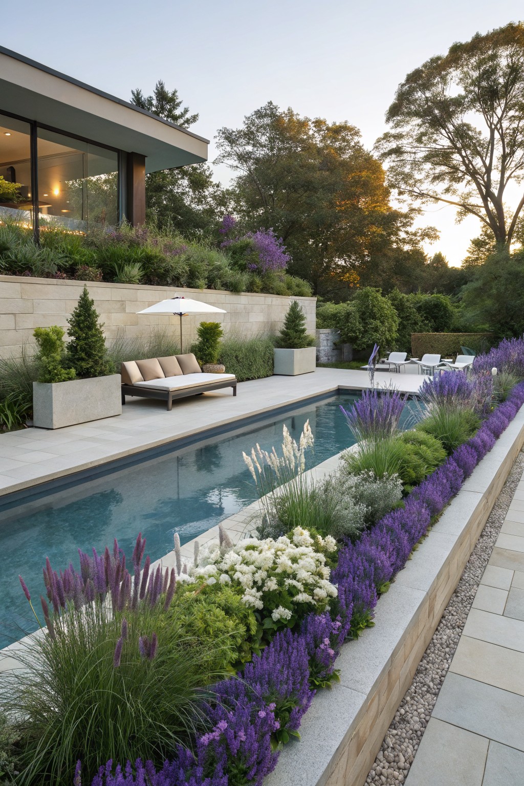 Modern rectangular pool with edges lined by purple lavender plants, tall ornamental grasses, white flowering shrubs, and stone retaining walls, lounge chairs nearby, and a contemporary house with large windows in the background.