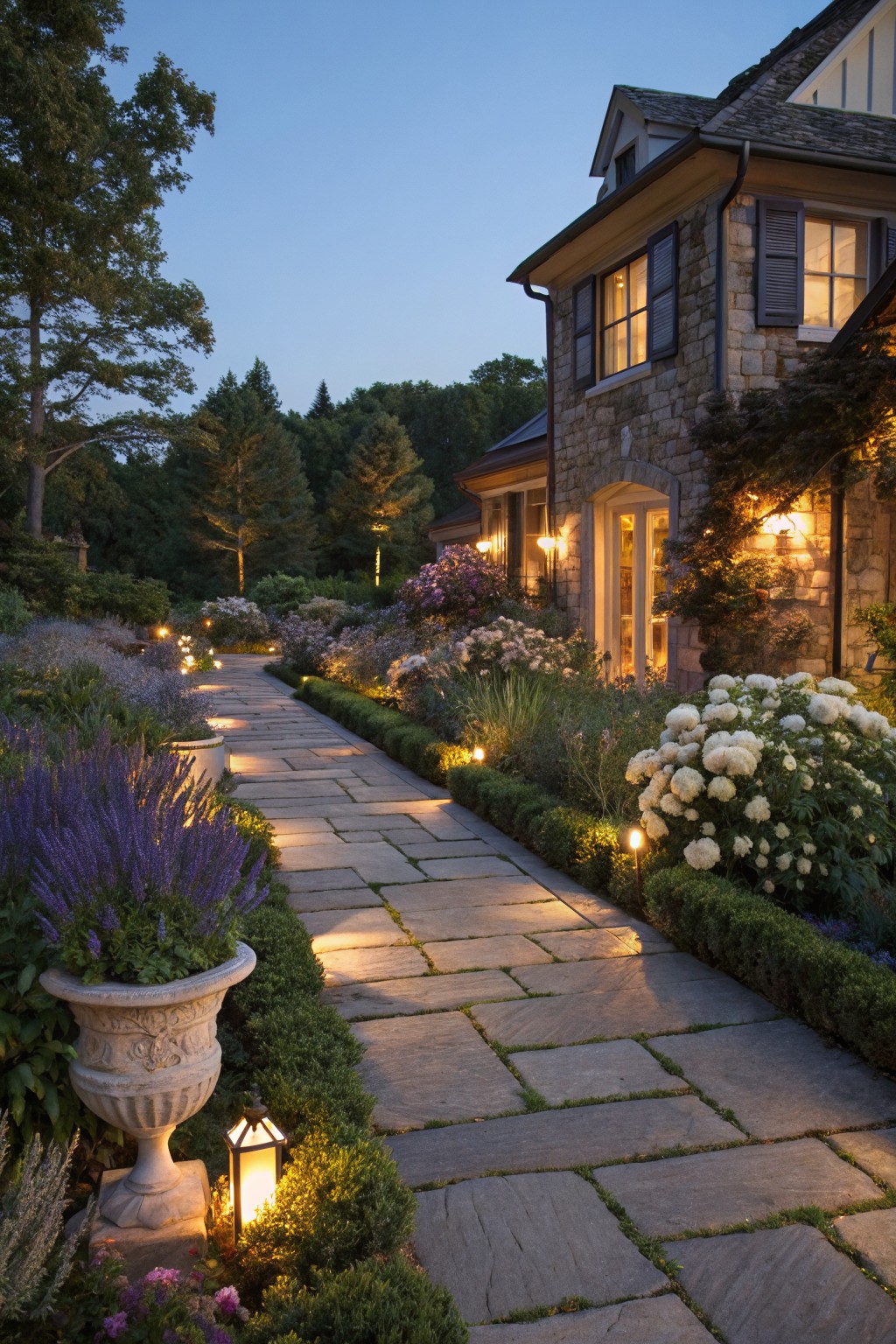 Stone slab pathway bordered by lavender plants in a pot, white-flowering shrubs, boxwood hedges, and small lantern lights, winding through a garden toward a stone house at dusk.