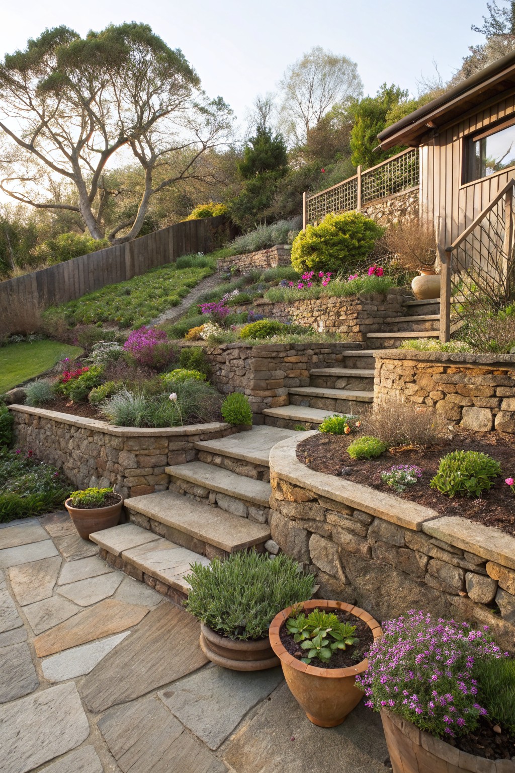 A sloped backyard with dry-stacked stone retaining walls forming terraced flower beds and integrated steps leading to a wooden outbuilding, surrounded by various flowering plants and large terracotta pots on a stone-paver patio at the base.