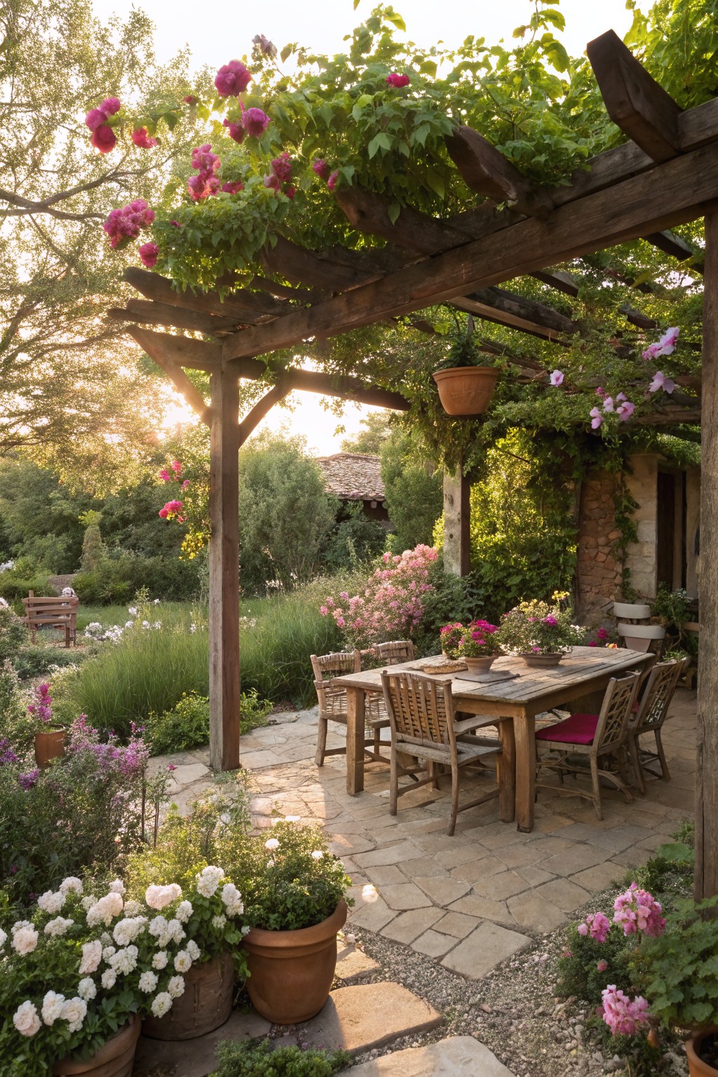 Wooden pergola covered in pink flowering vines and green foliage shades a rustic dining table with chairs on a stone patio surrounded by potted plants, flower beds, and a garden bench in the background.