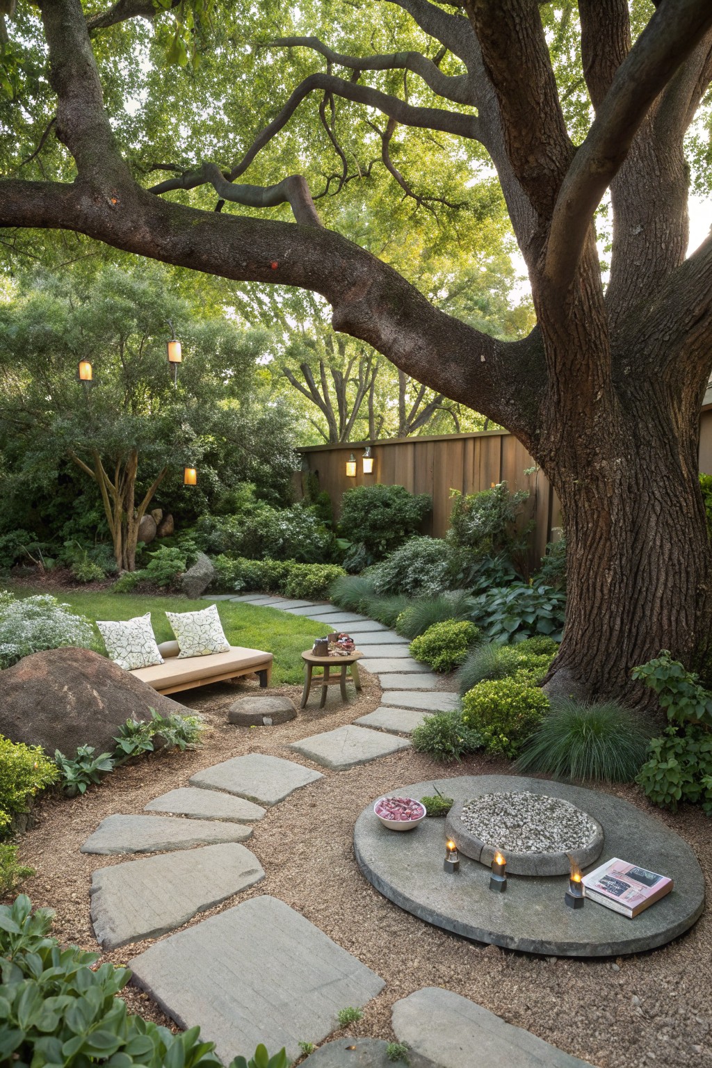 A backyard garden with a curving flagstone path leading from a cushioned wooden daybed beside a boulder, through lush green plants and grasses, to a circular stone fire pit with candles and lanterns hanging from trees.