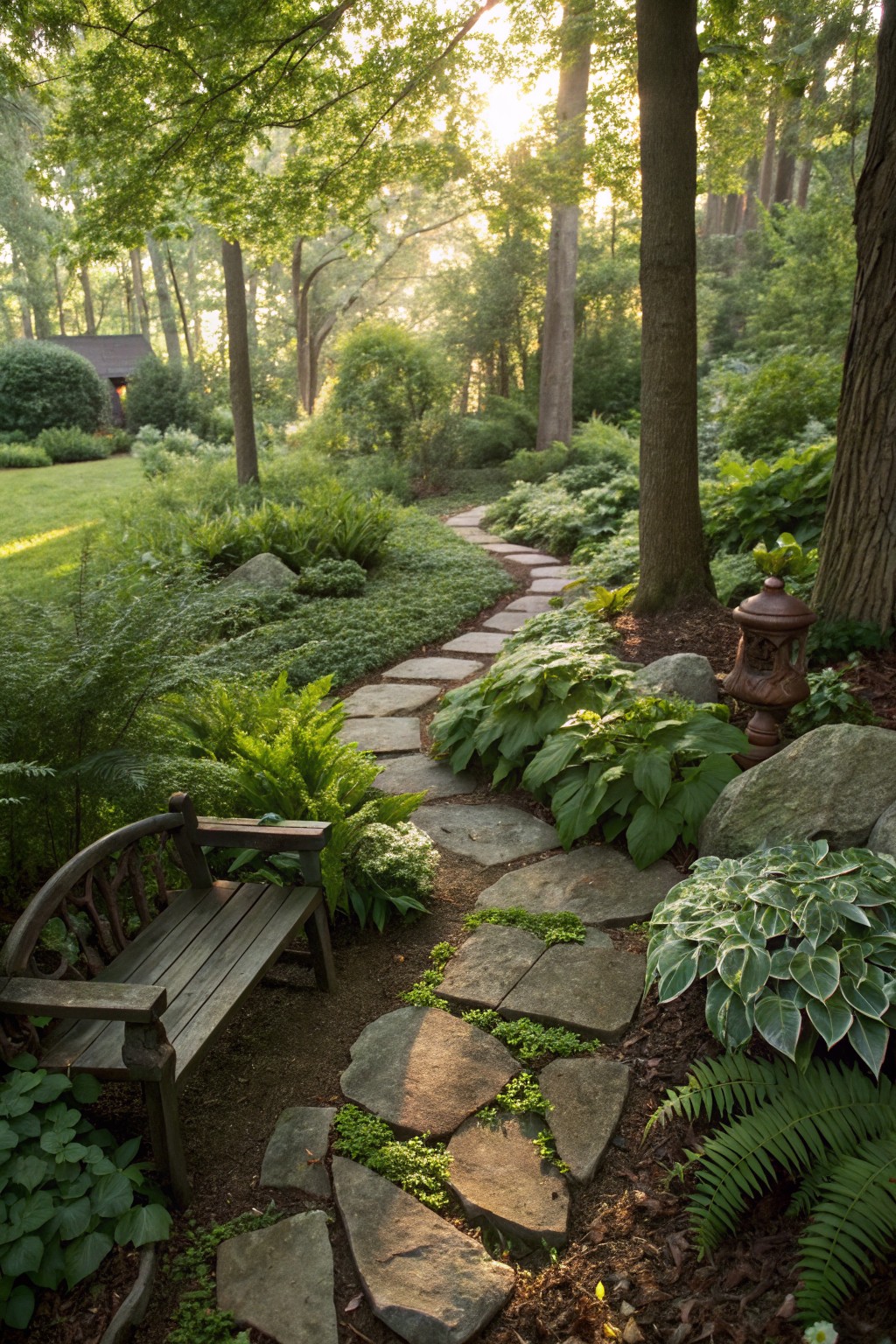 A shaded backyard garden path made of irregular stone slabs winding through ferns, hostas, rocks, and trees, with a wooden bench positioned beside the path.