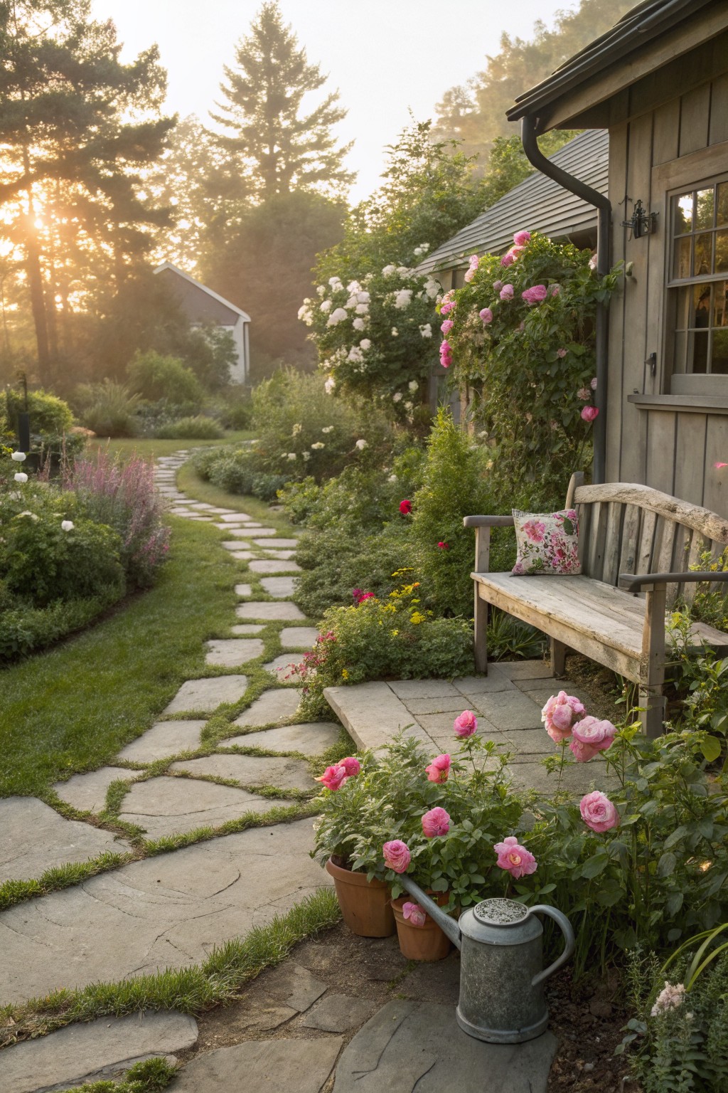 A curved flagstone path winds through lush flower beds with pink roses, white blooms, and green shrubs toward a wooden garden shed with climbing roses, a bench, and potted plants nearby.