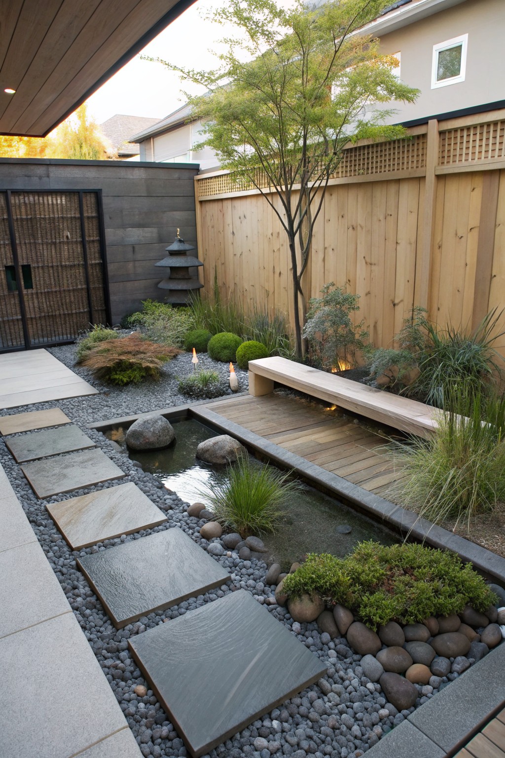 Japanese-style backyard garden with gray gravel beds, large rounded rocks, rectangular stone-lined water basin, dark slate stepping stone path, wooden bench and deck, stone lanterns, low shrubs and grasses, surrounded by wooden fence and walls.